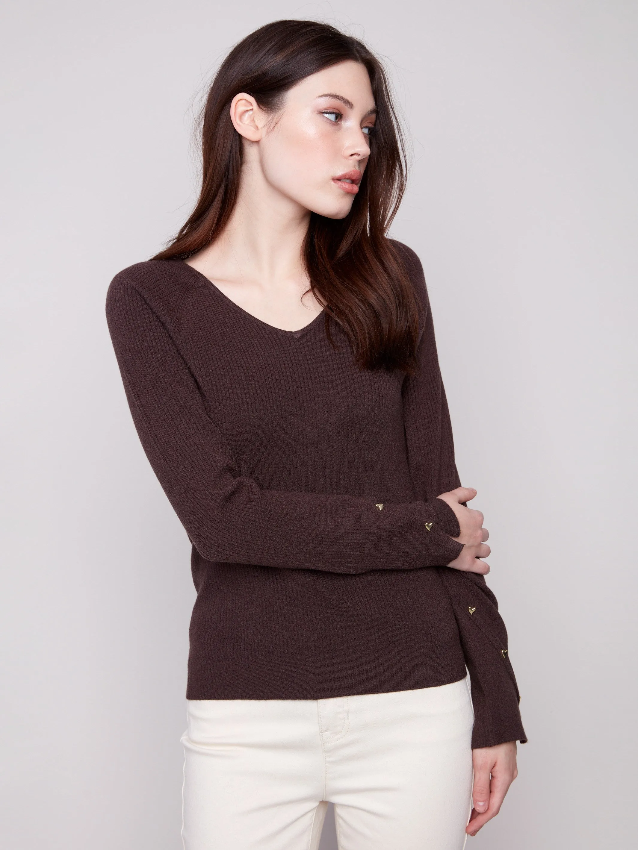 Ribbed V-Neck Sweater With Heart Rivets - Mocha sold by Charlie B product image thumbnail 5