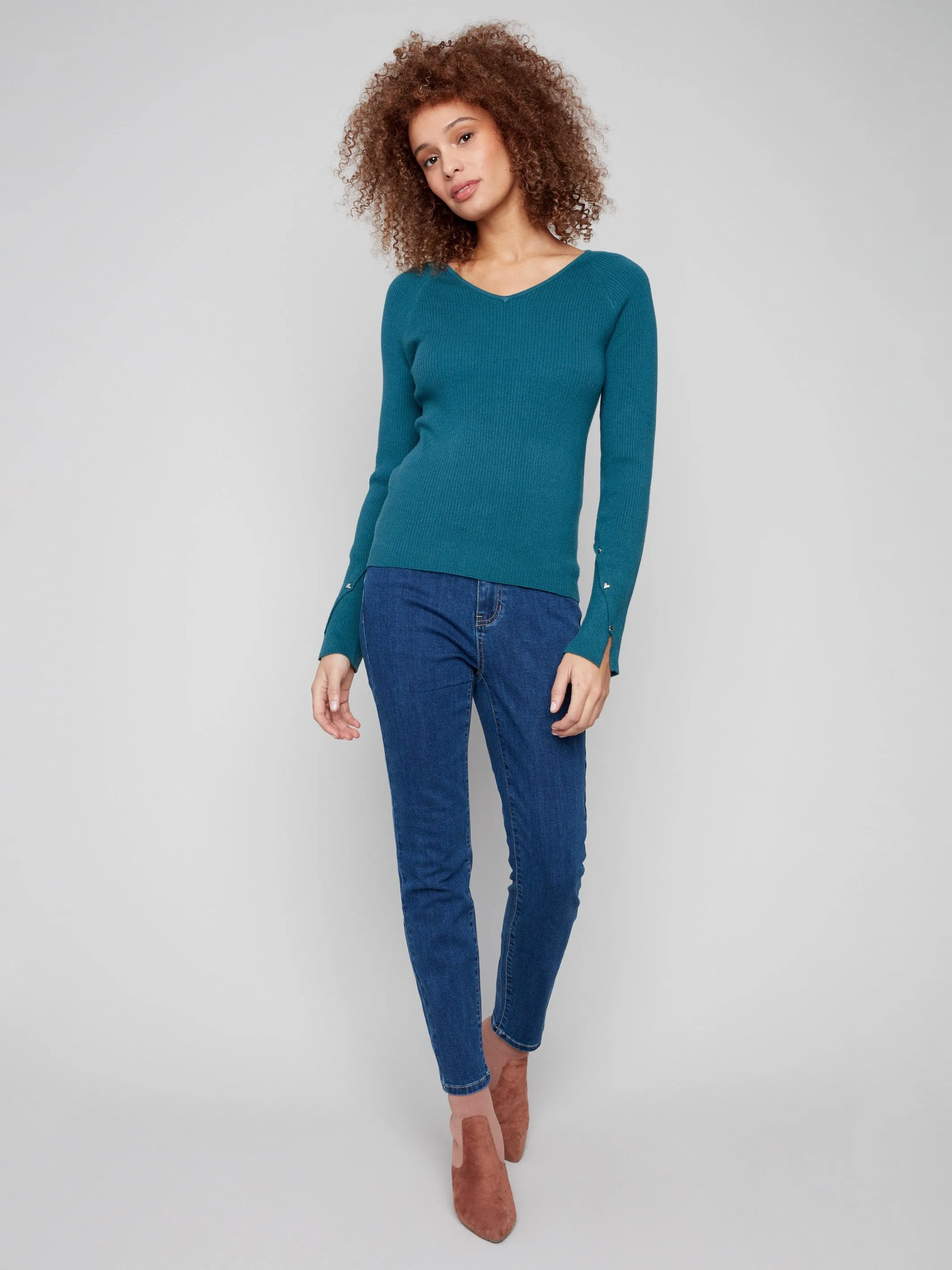 Ribbed V-Neck Sweater With Heart Rivets - Evergreen sold by Charlie B product image thumbnail 3