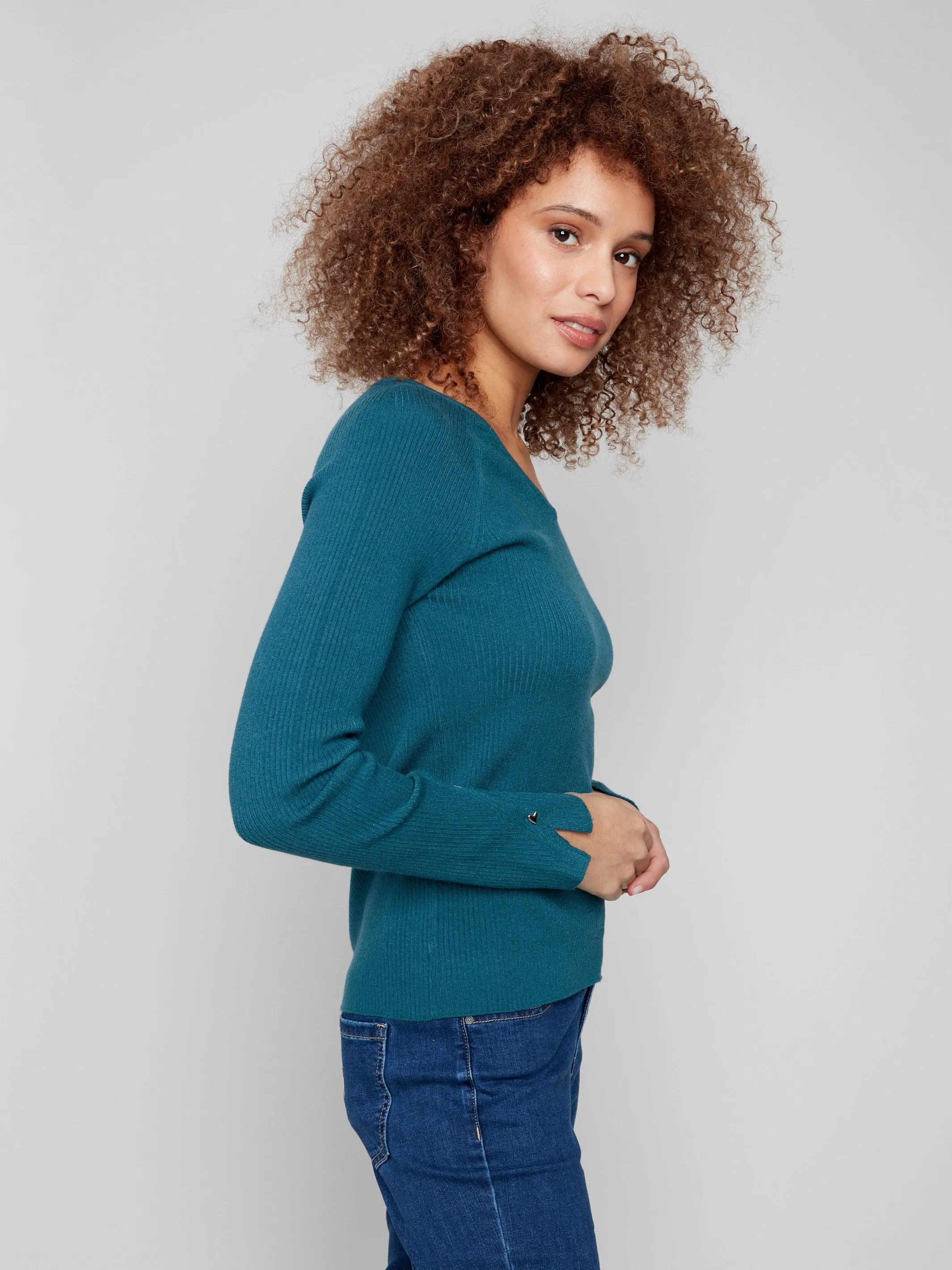 Ribbed V-Neck Sweater With Heart Rivets - Evergreen sold by Charlie B product image thumbnail 4