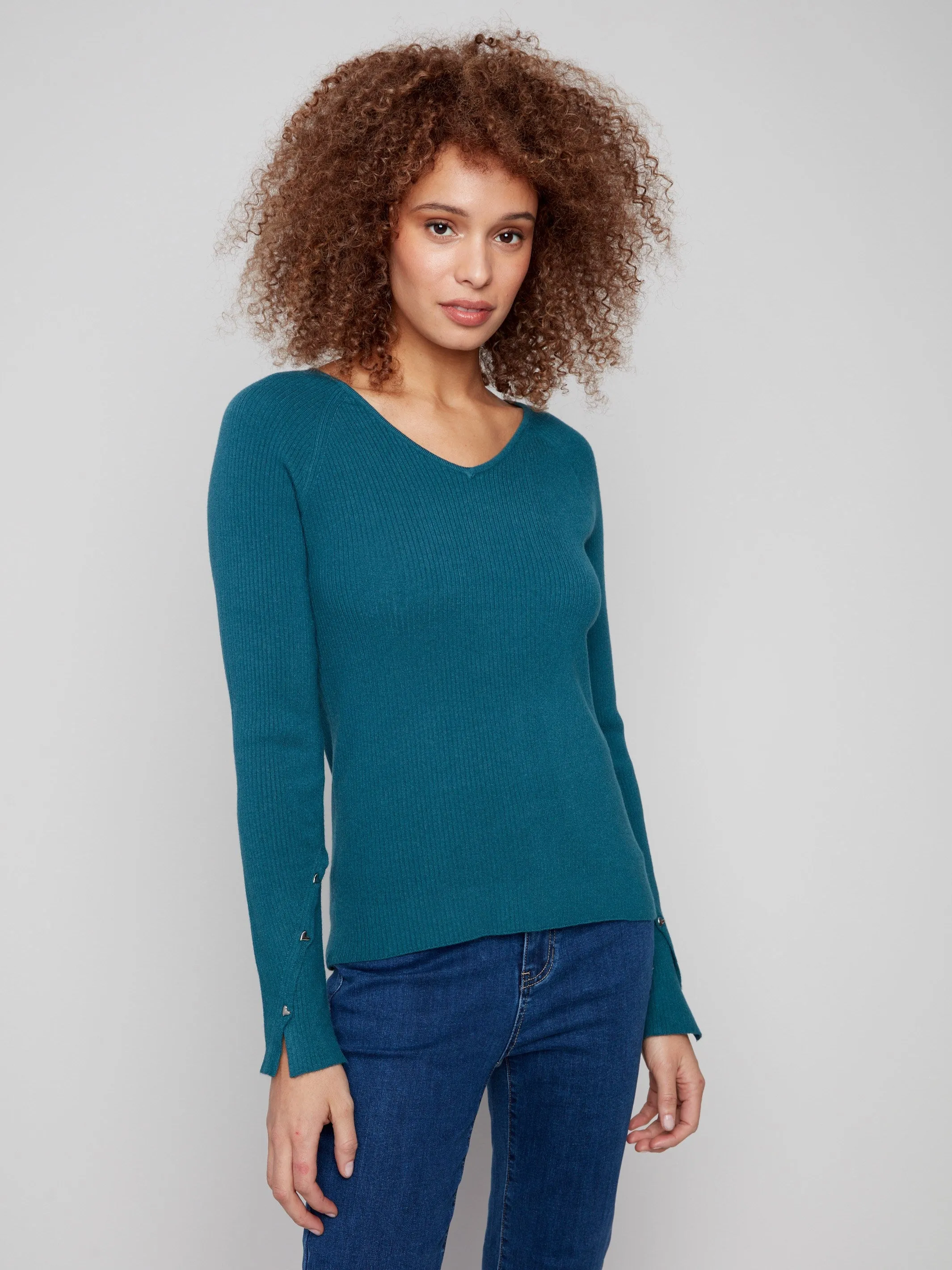 Ribbed V-Neck Sweater With Heart Rivets - Evergreen sold by Charlie B