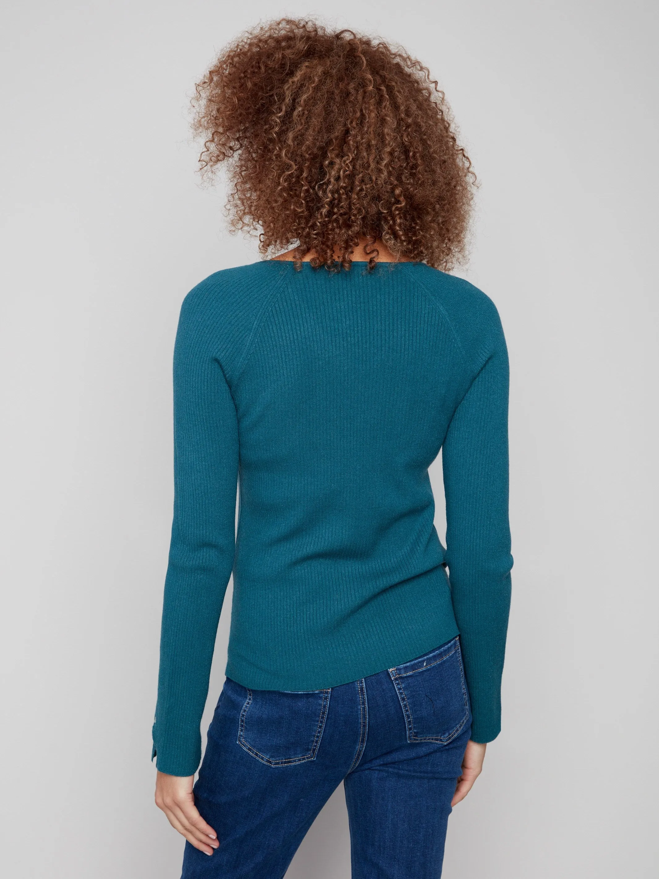 Ribbed V-Neck Sweater With Heart Rivets - Evergreen sold by Charlie B product image thumbnail 5