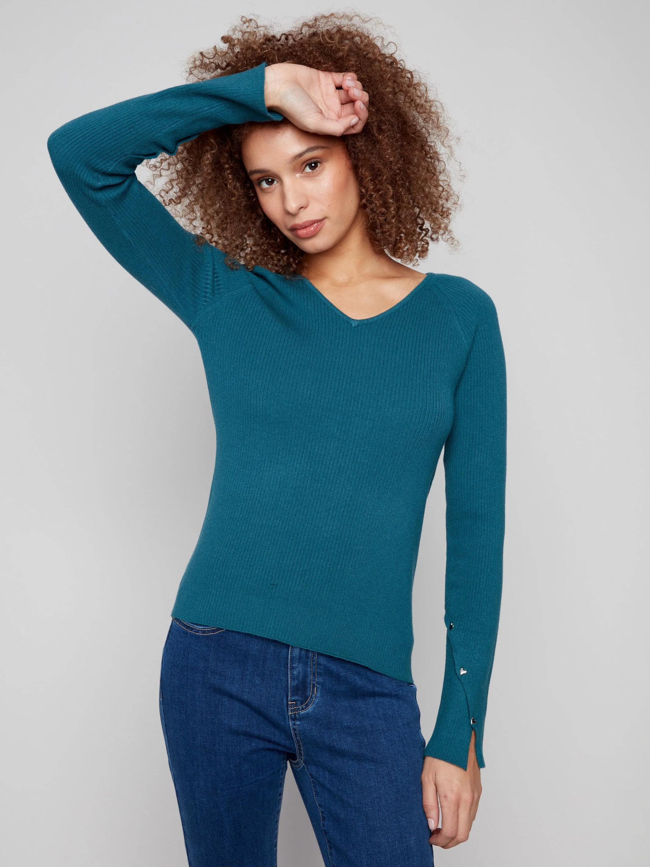 Ribbed V-Neck Sweater With Heart Rivets - Evergreen sold by Charlie B product image thumbnail 2