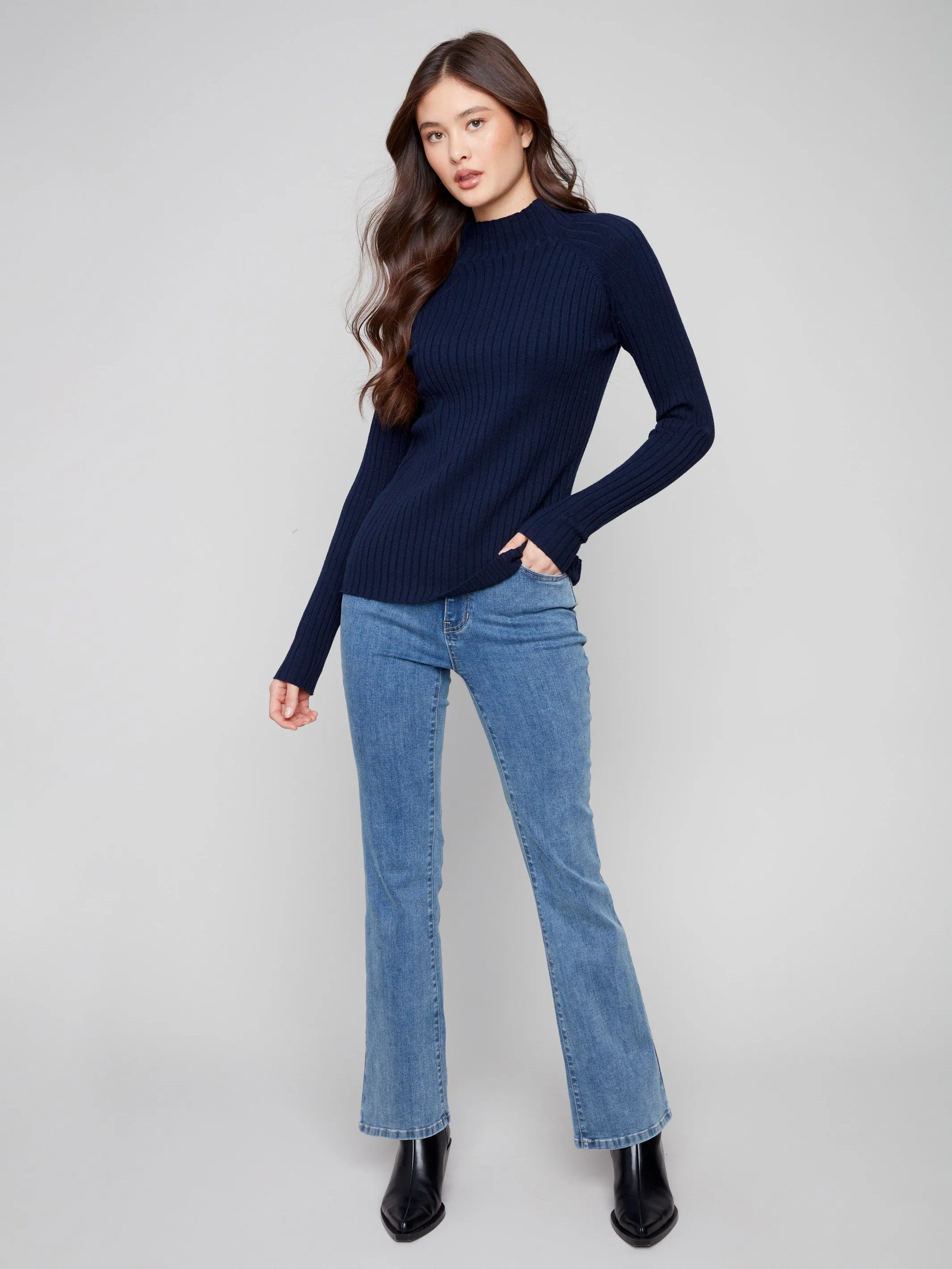 Ribbed Knit Mock Neck Sweater - Navy sold by Charlie B product image thumbnail 2