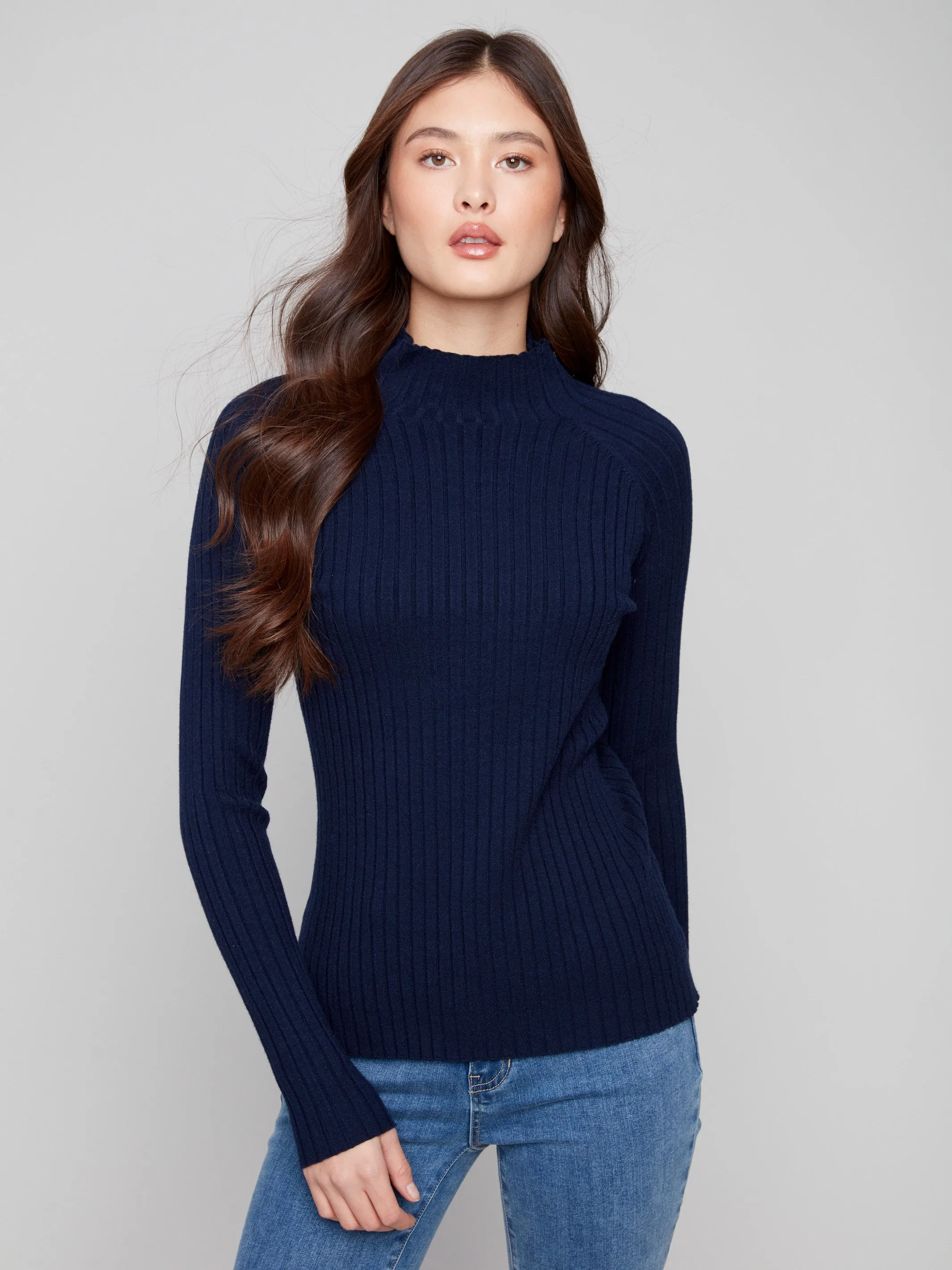 Ribbed Knit Mock Neck Sweater - Navy sold by Charlie B product image thumbnail 3
