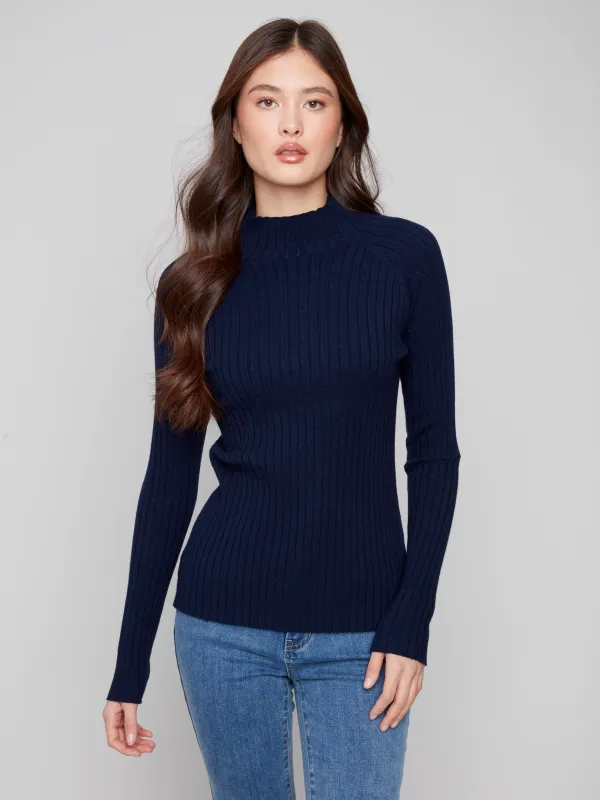Ribbed Knit Mock Neck Sweater - Navy sold by Charlie B