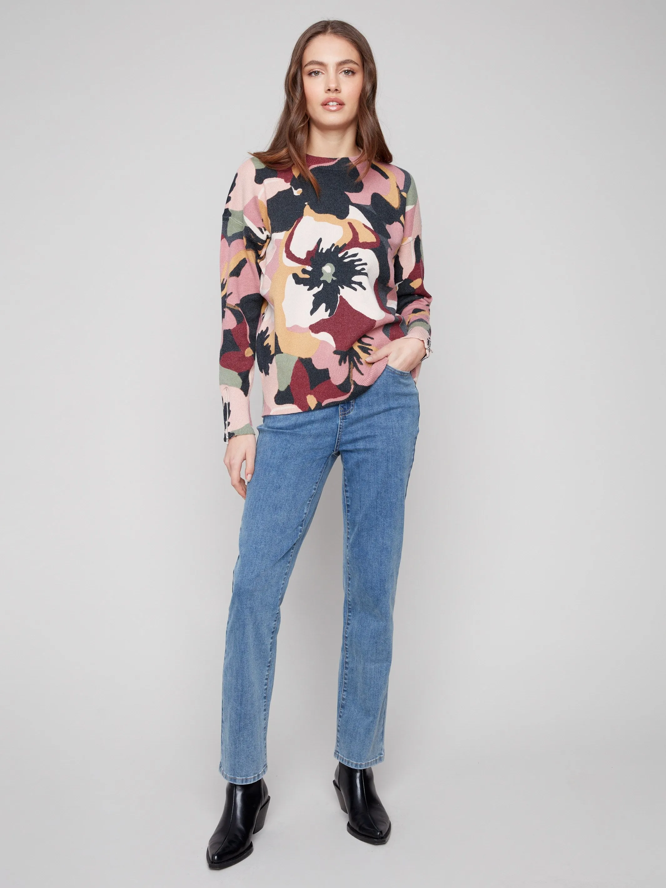 Printed Crew Neck Sweater With Sleeve Zippers - Flowery sold by Charlie B product image thumbnail 3