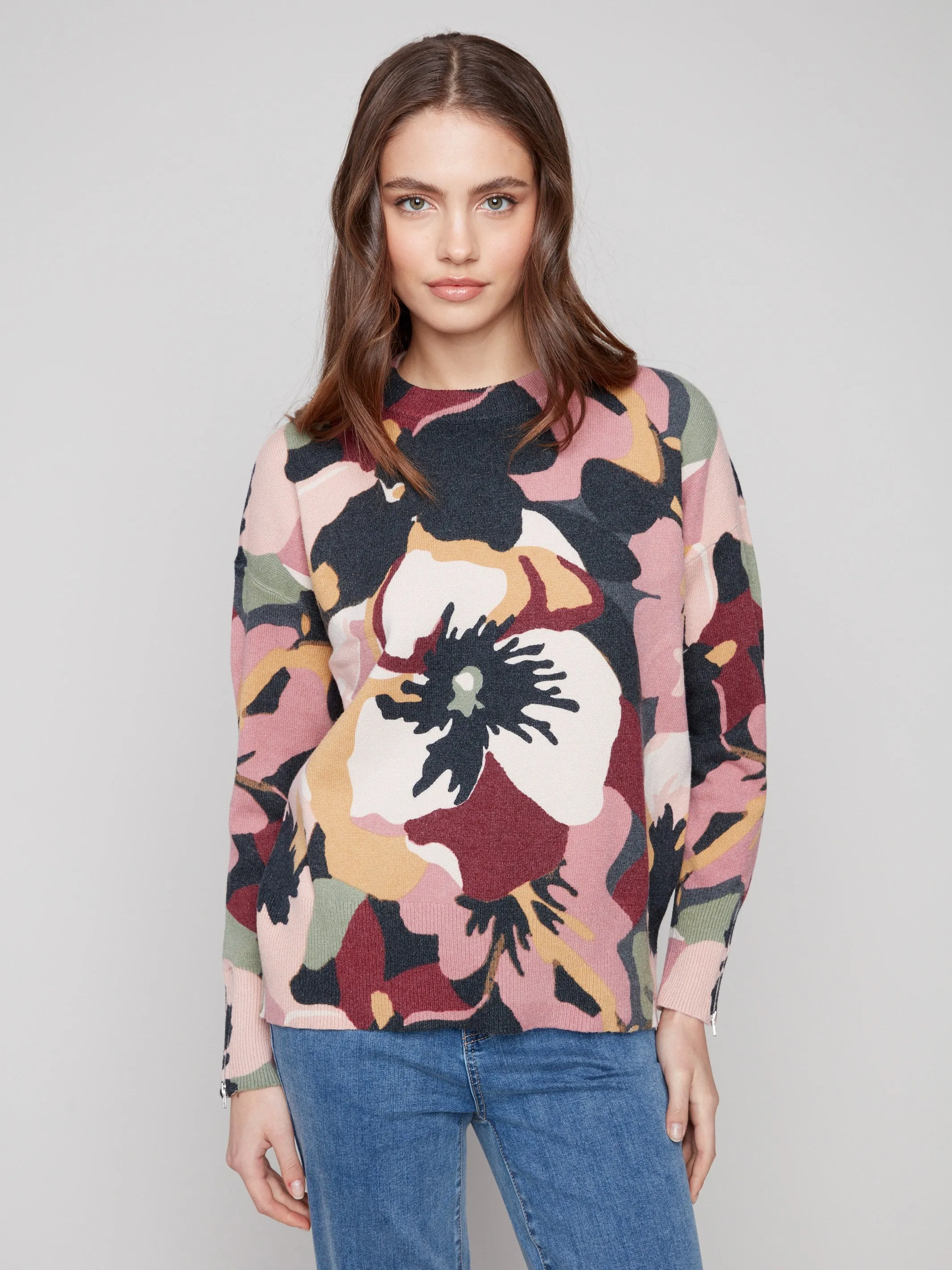 Printed Crew Neck Sweater With Sleeve Zippers - Flowery sold by Charlie B