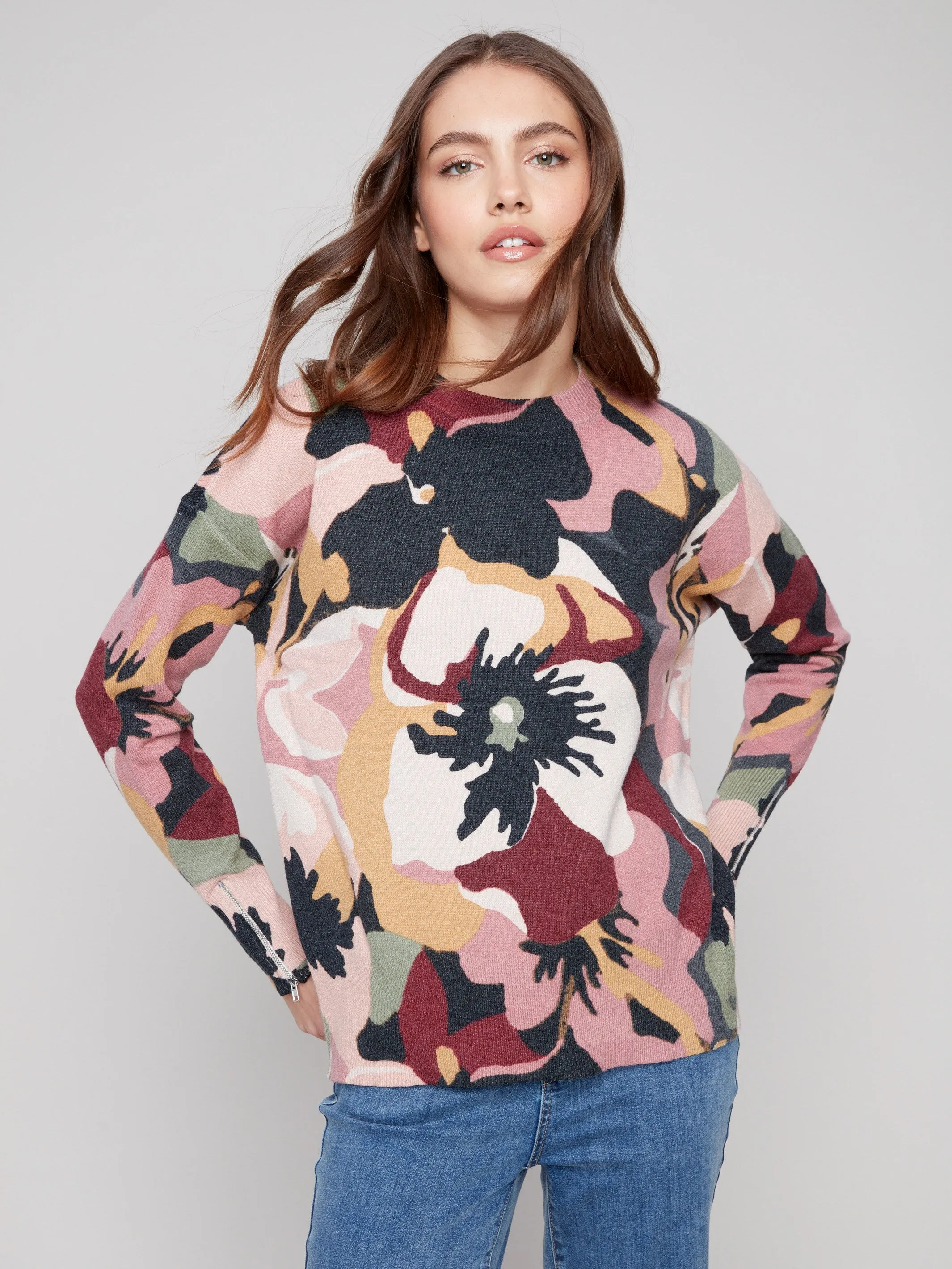 Printed Crew Neck Sweater With Sleeve Zippers - Flowery sold by Charlie B product image thumbnail 2