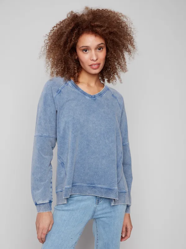 Cold Dye French Terry V-Neck Top - Denim sold by Charlie B