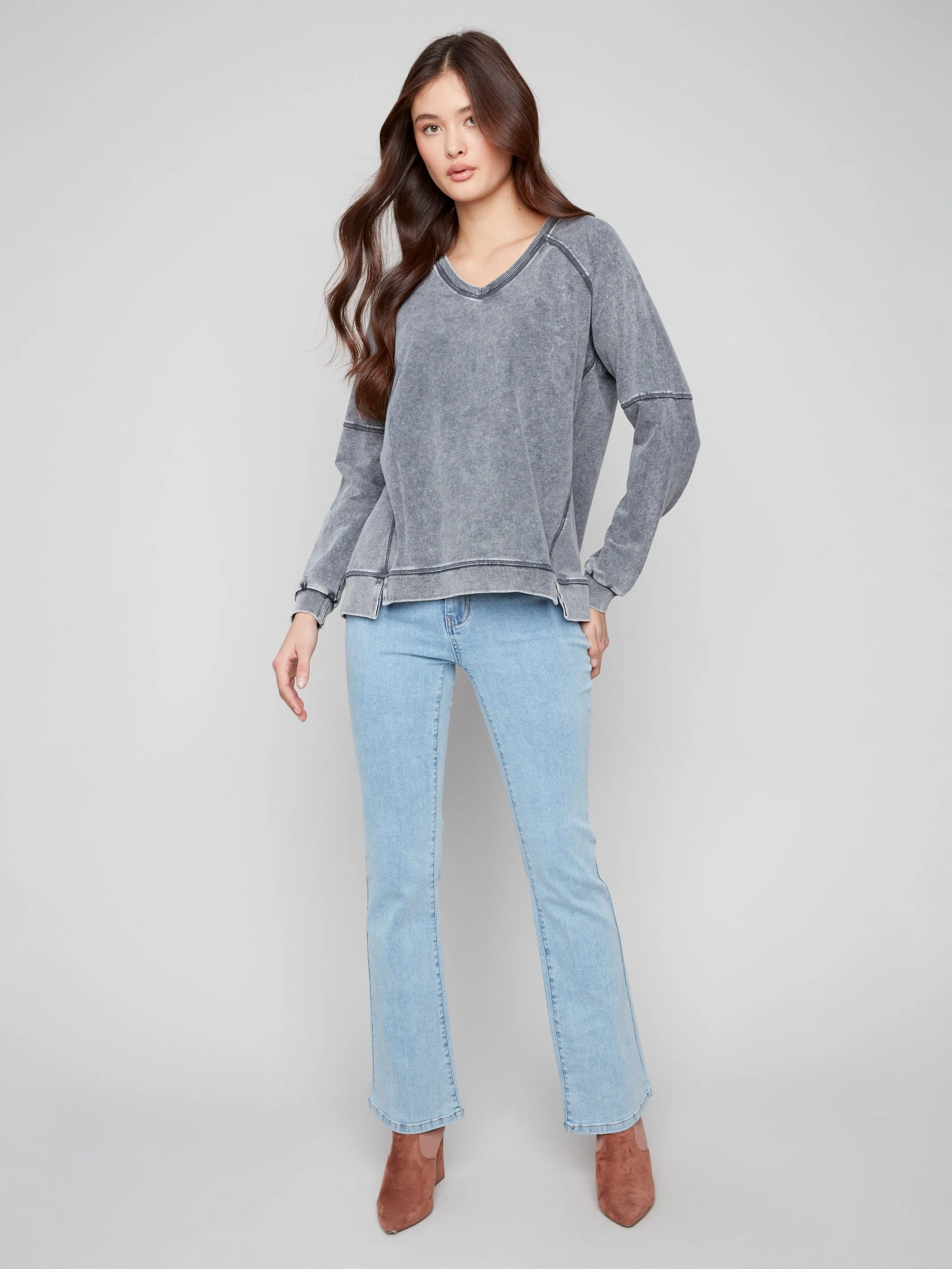 Cold Dye French Terry V-Neck Top - Charcoal sold by Charlie B product image thumbnail 2