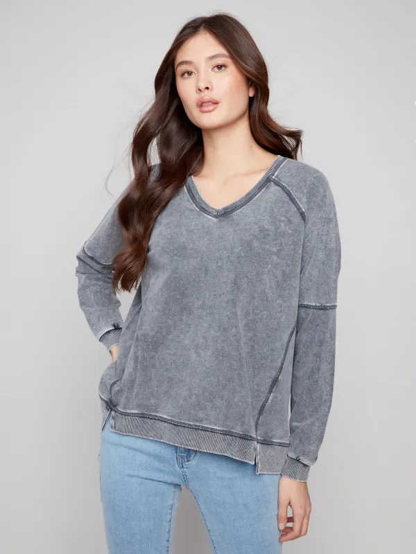 Cold Dye French Terry V-Neck Top - Charcoal sold by Charlie B