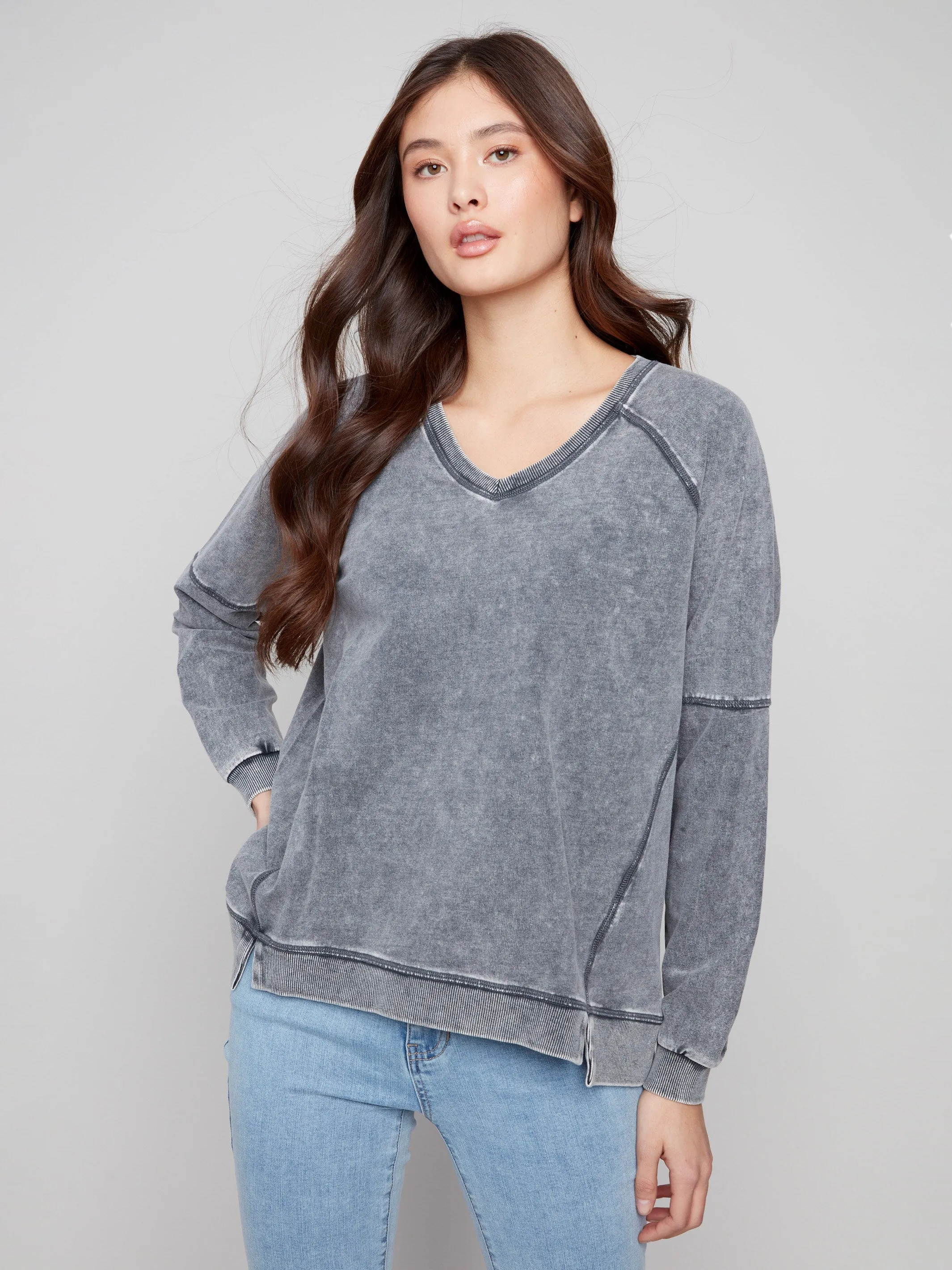Cold Dye French Terry V-Neck Top - Charcoal sold by Charlie B