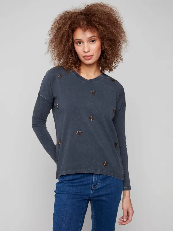 Beaded Vintage Wash V-Neck Knit Top - Charcoal sold by Charlie B