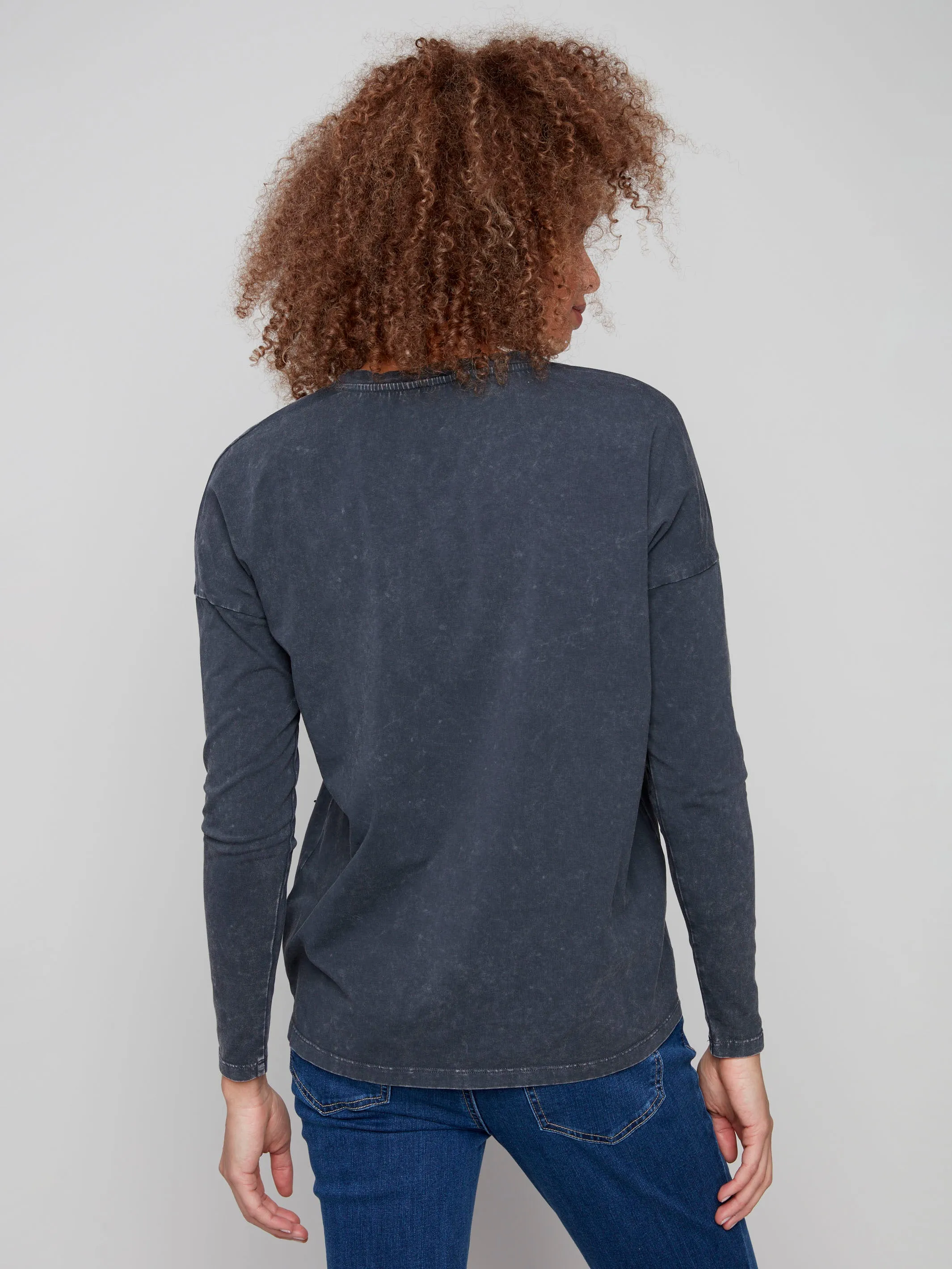 Beaded Vintage Wash V-Neck Knit Top - Charcoal sold by Charlie B product image thumbnail 3