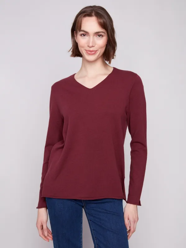 Basic V-Neck Sweater - Cabernet sold by Charlie B