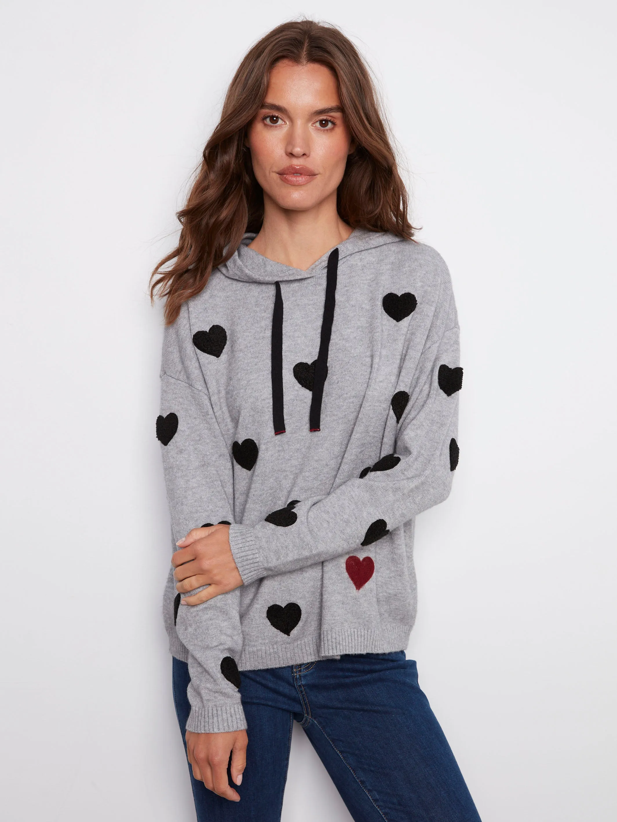Embroidered Hearts Hoodie Sweater - Heather Grey sold by Charlie B product image thumbnail 5