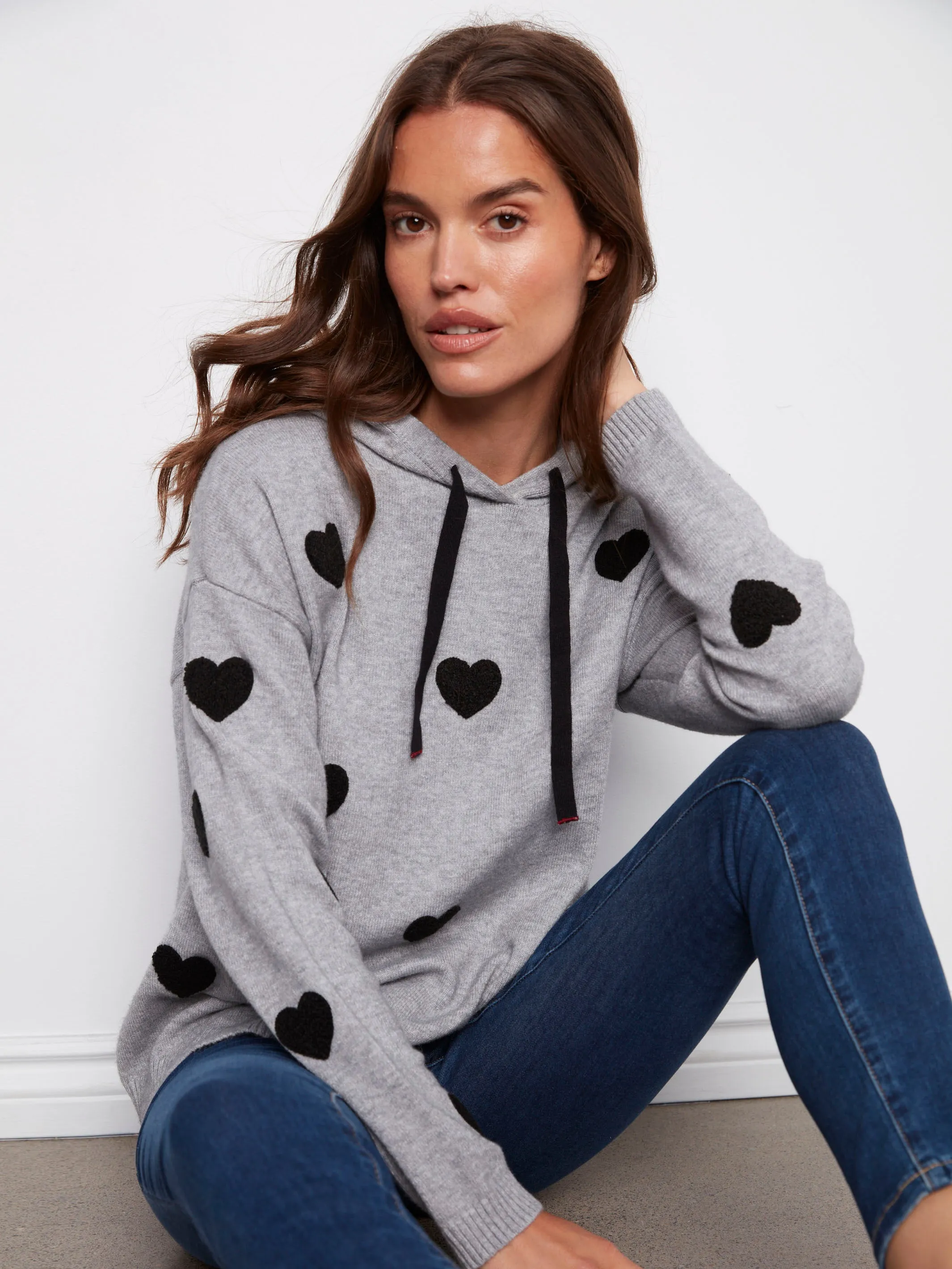 Embroidered Hearts Hoodie Sweater - Heather Grey sold by Charlie B product image thumbnail 3