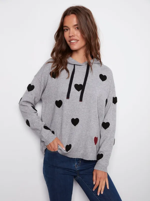 Embroidered Hearts Hoodie Sweater - Heather Grey sold by Charlie B