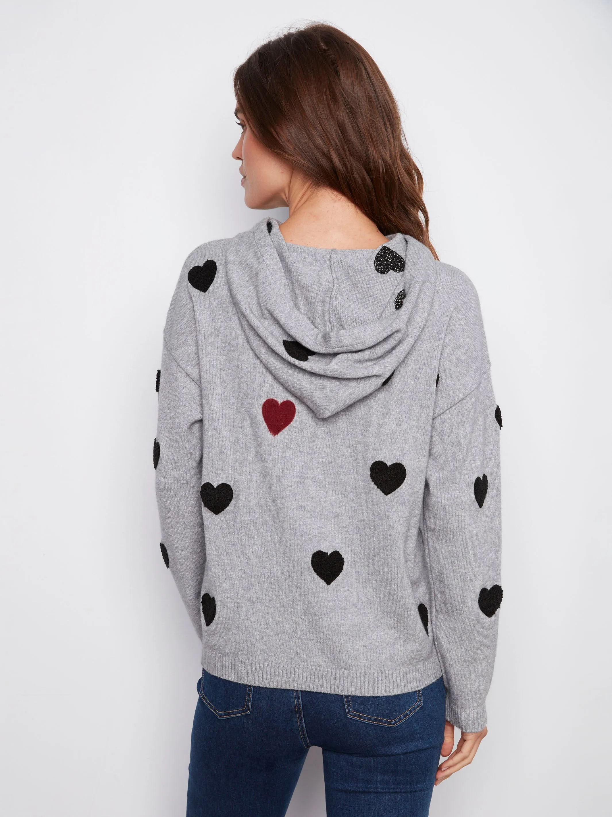 Embroidered Hearts Hoodie Sweater - Heather Grey sold by Charlie B product image thumbnail 4