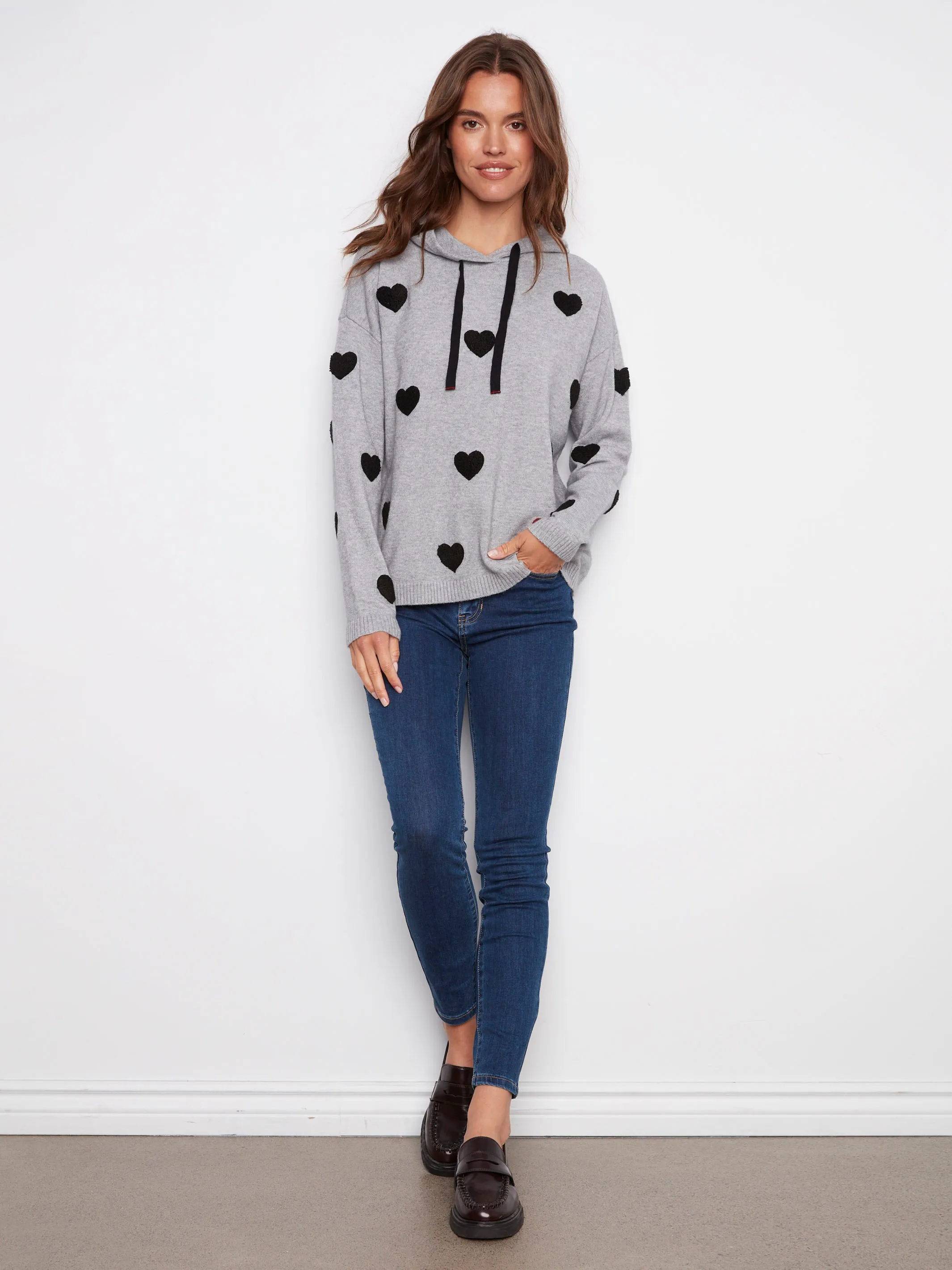 Embroidered Hearts Hoodie Sweater - Heather Grey sold by Charlie B product image thumbnail 2