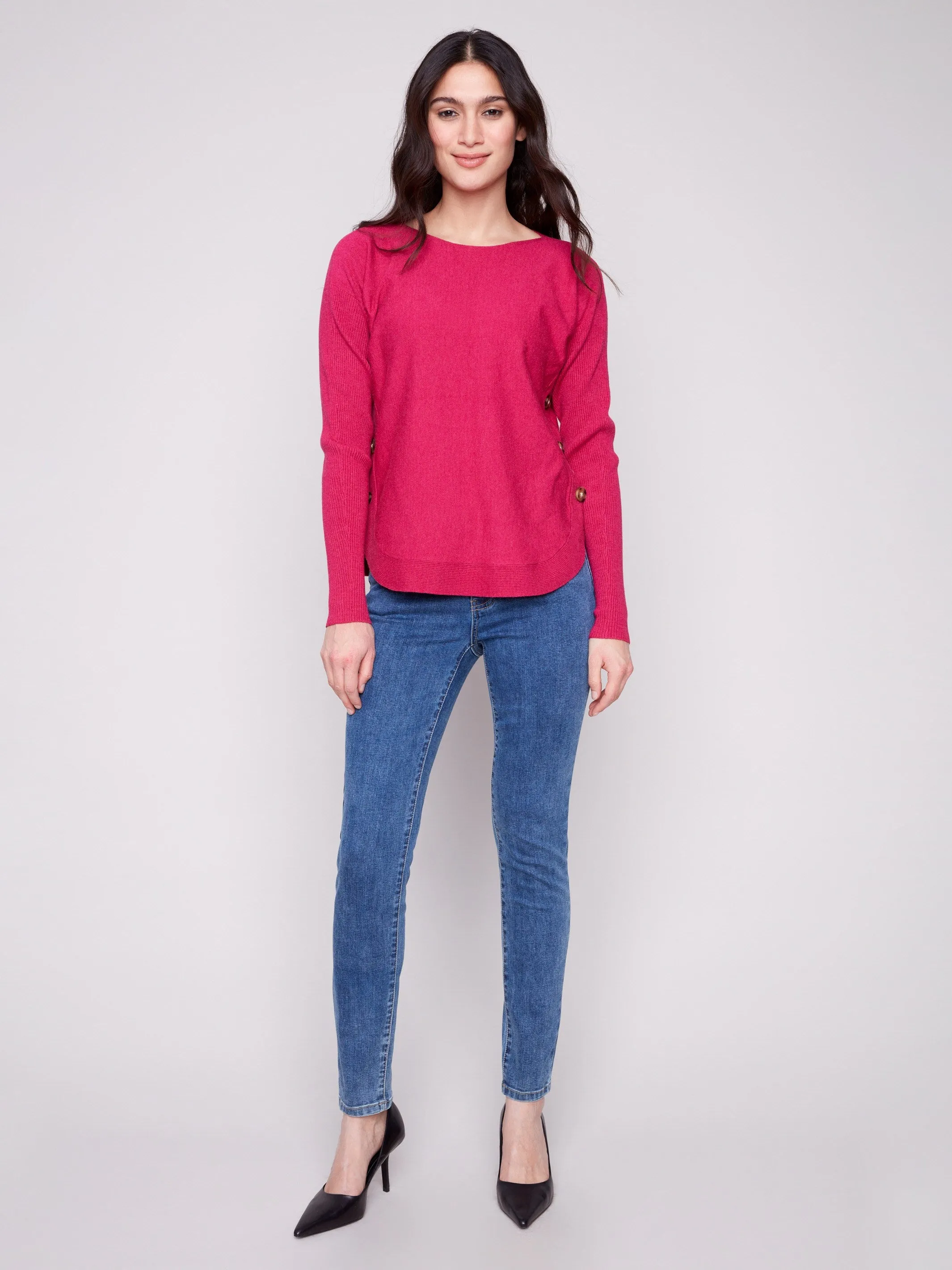 Boat Neck Sweater With Side Buttons - Heather Hibiscus sold by Charlie B product image thumbnail 2