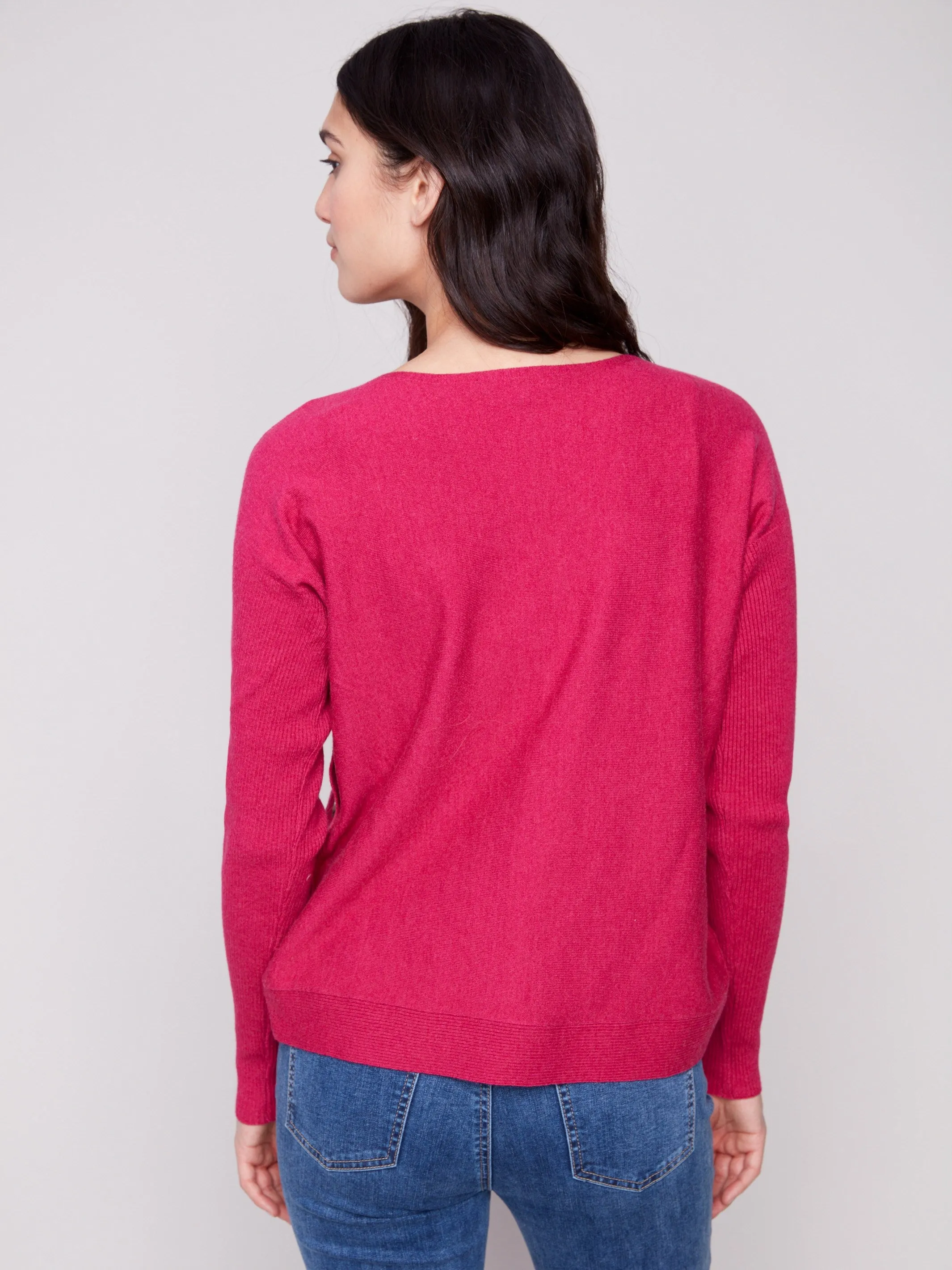 Boat Neck Sweater With Side Buttons - Heather Hibiscus sold by Charlie B product image thumbnail 3
