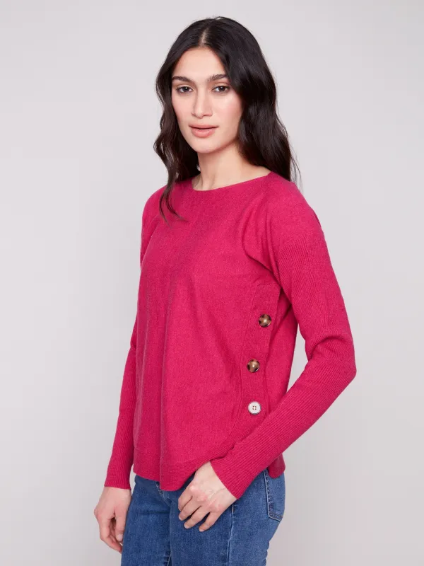 Boat Neck Sweater With Side Buttons - Heather Hibiscus sold by Charlie B