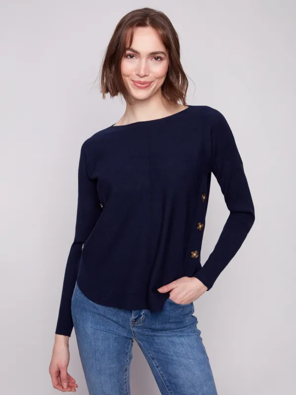 Boat Neck Sweater With Side Buttons - Navy sold by Charlie B
