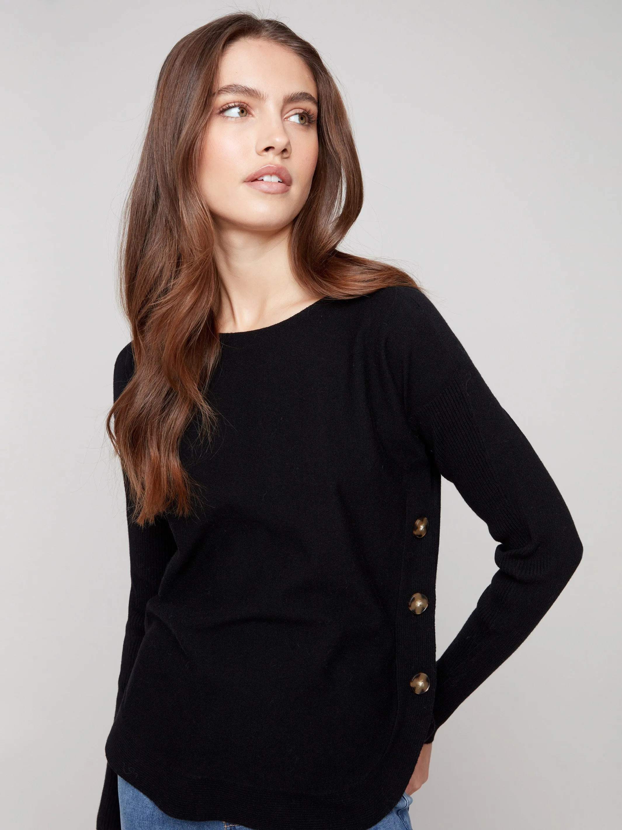 Boat Neck Sweater With Side Buttons - Black sold by Charlie B product image thumbnail 3