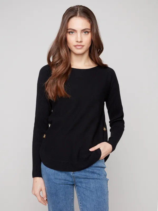 Boat Neck Sweater With Side Buttons - Black sold by Charlie B