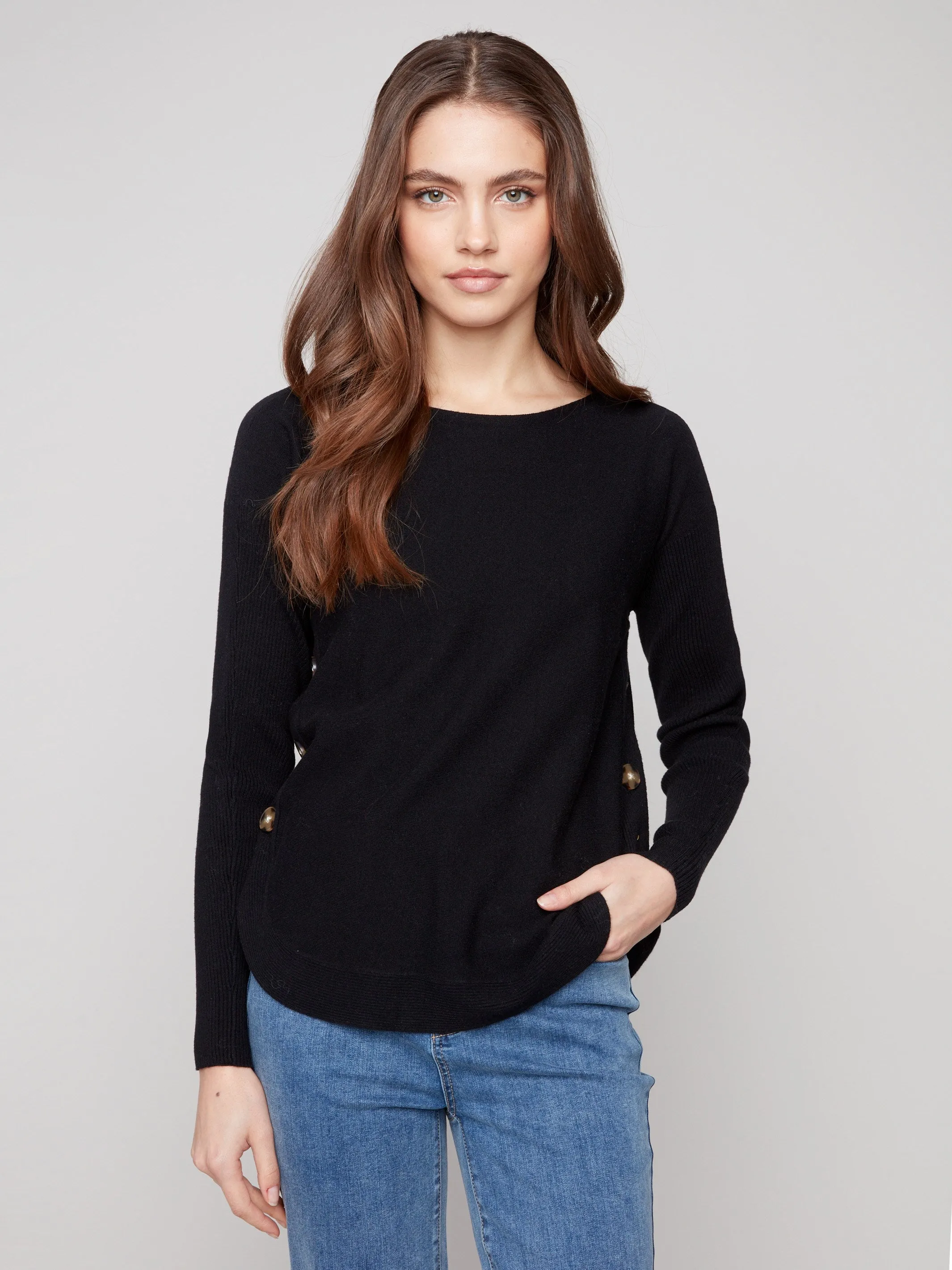 Boat Neck Sweater With Side Buttons - Black sold by Charlie B