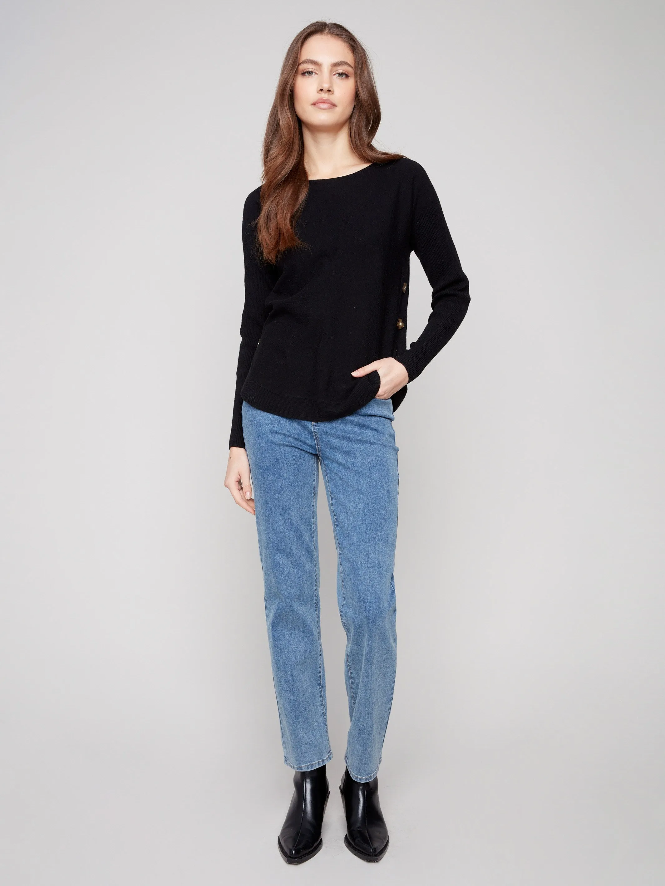 Boat Neck Sweater With Side Buttons - Black sold by Charlie B product image thumbnail 2