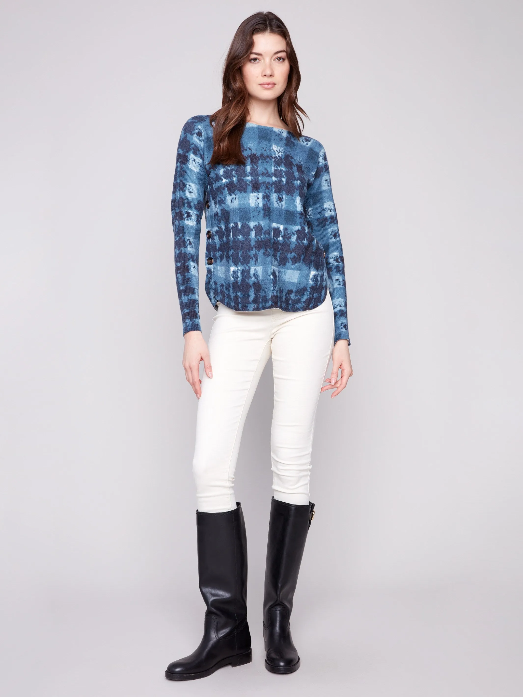 Printed Boat Neck Sweater With Side Buttons - Shadow sold by Charlie B product image thumbnail 2