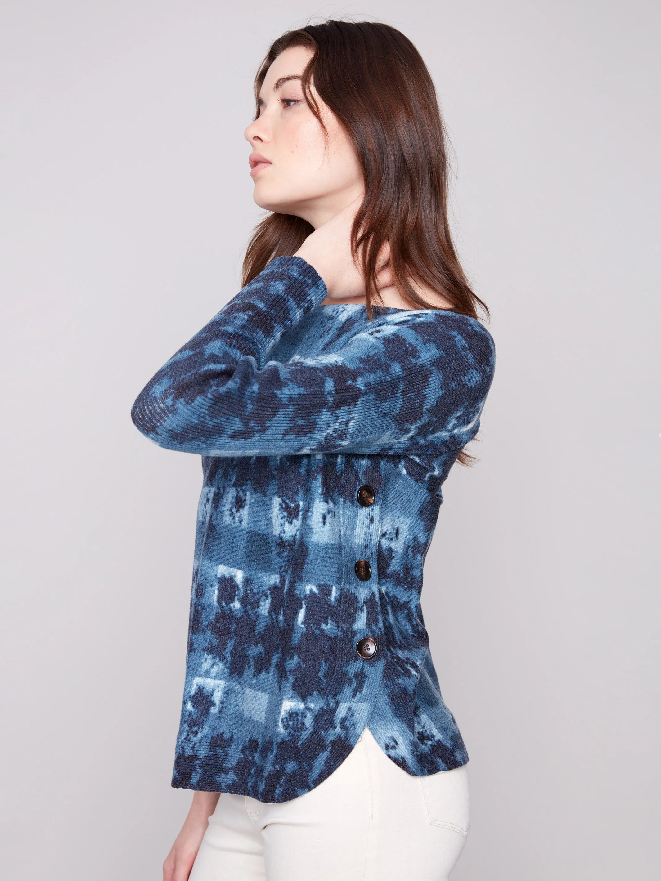 Printed Boat Neck Sweater With Side Buttons - Shadow sold by Charlie B product image thumbnail 3