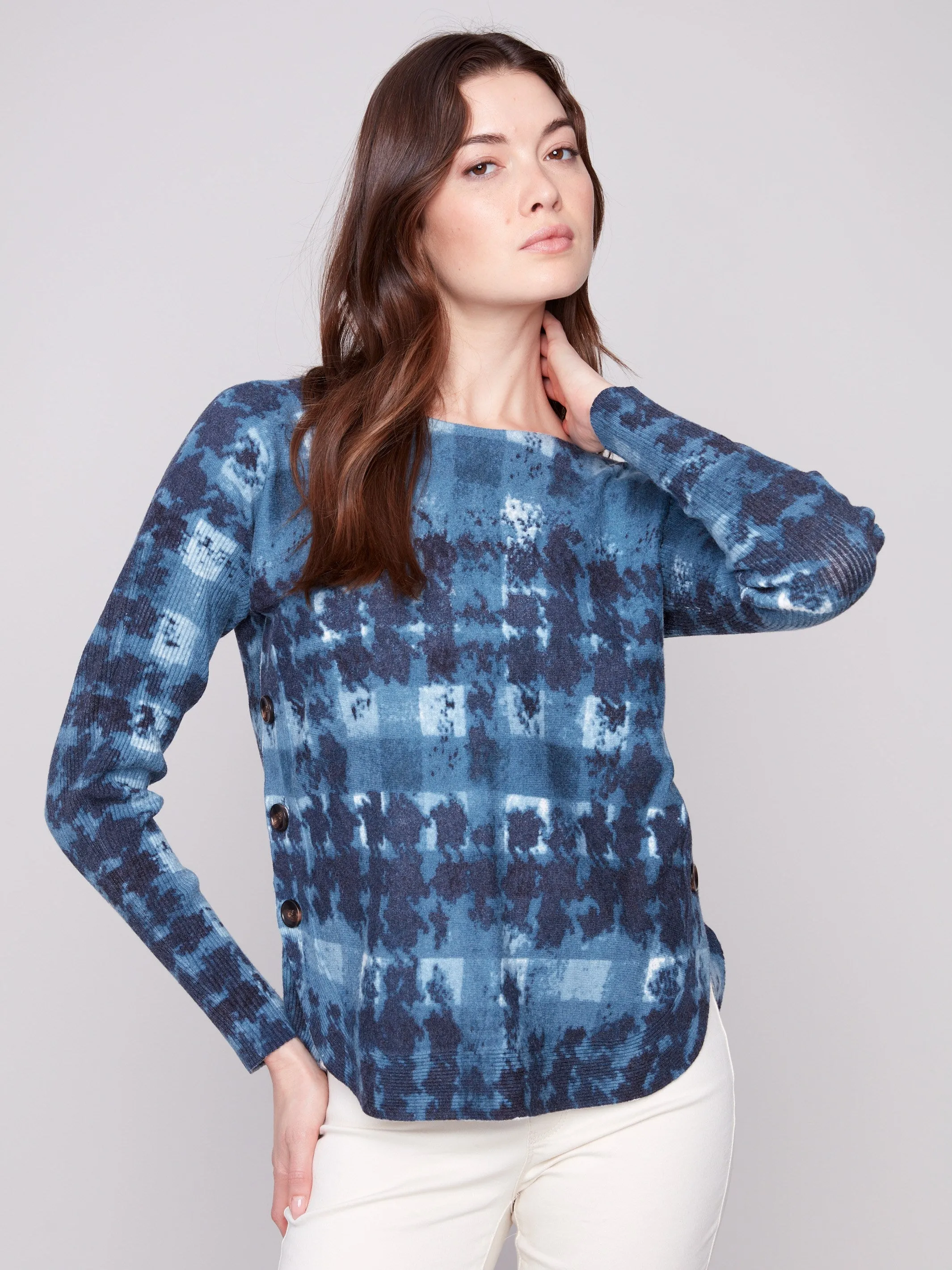 Printed Boat Neck Sweater With Side Buttons - Shadow sold by Charlie B product image thumbnail 4