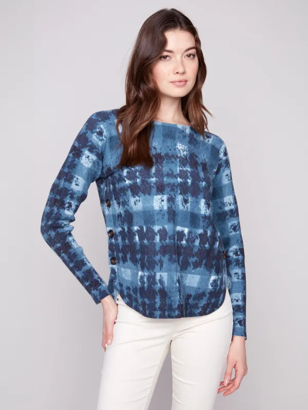 Printed Boat Neck Sweater With Side Buttons - Shadow sold by Charlie B