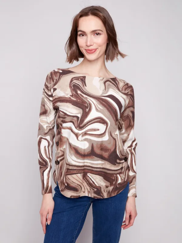 Printed Boat Neck Sweater With Side Buttons - Swirls sold by Charlie B