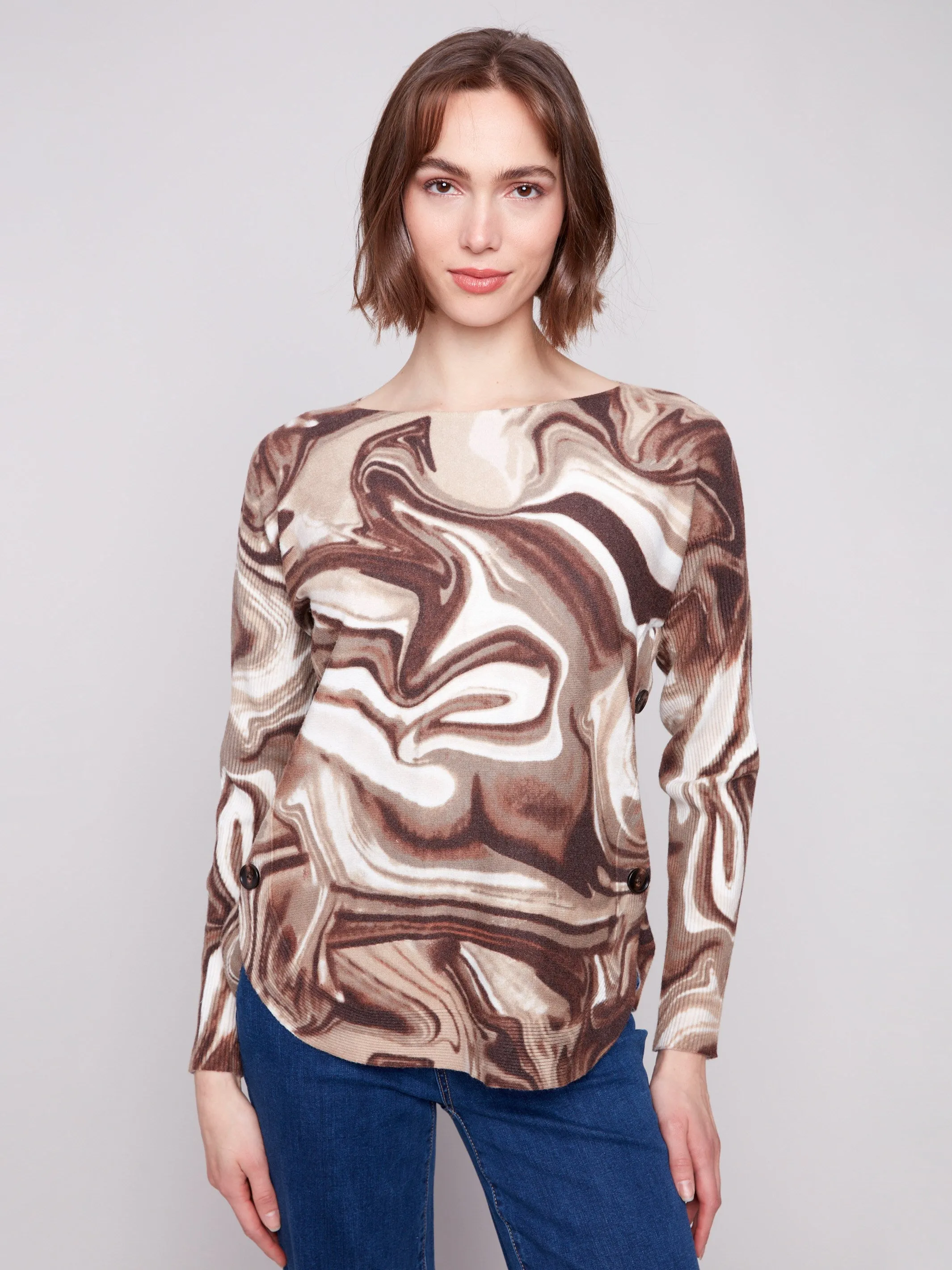 Printed Boat Neck Sweater With Side Buttons - Swirls sold by Charlie B product image thumbnail 5