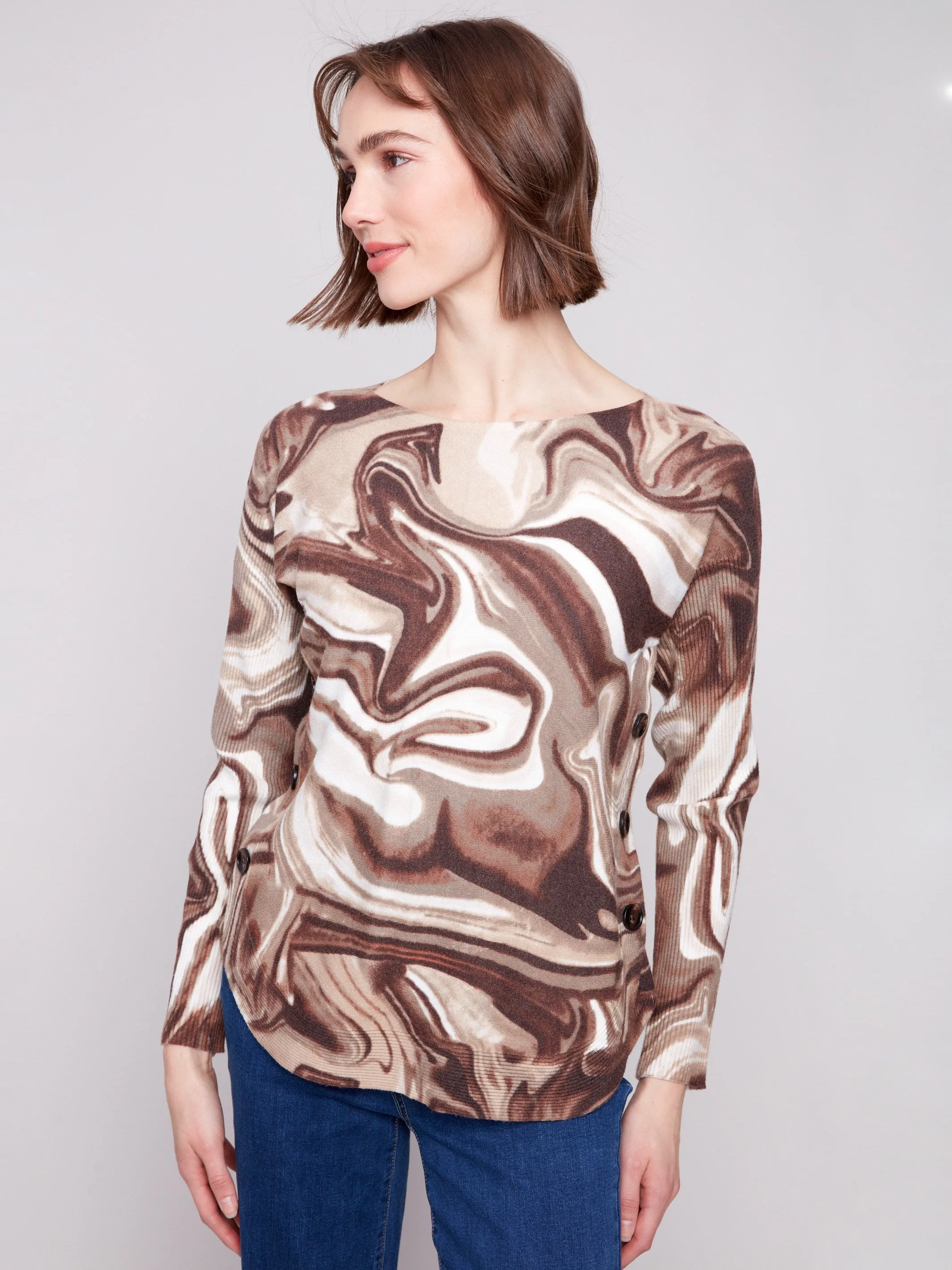 Printed Boat Neck Sweater With Side Buttons - Swirls sold by Charlie B product image thumbnail 3