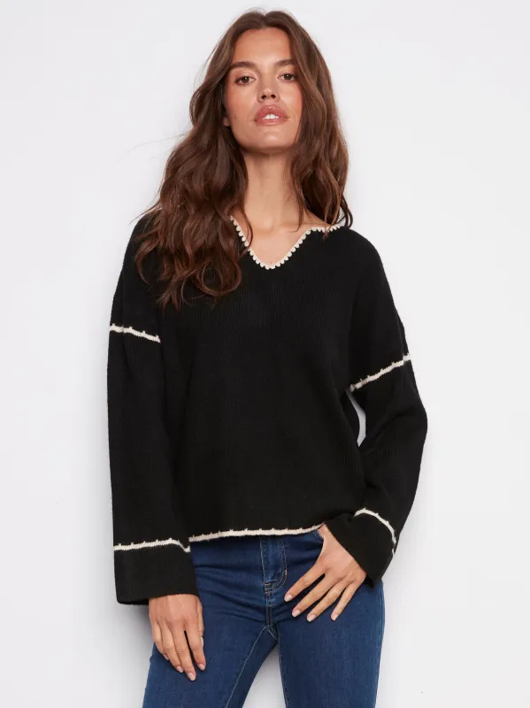 Embroidered Ribbed Sweater with Notch Neck - Black sold by Charlie B