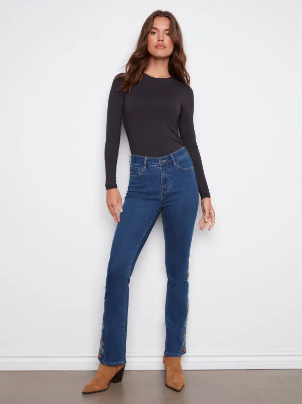 Bootcut Jeans With Floral Embroidery - Indigo sold by Charlie B