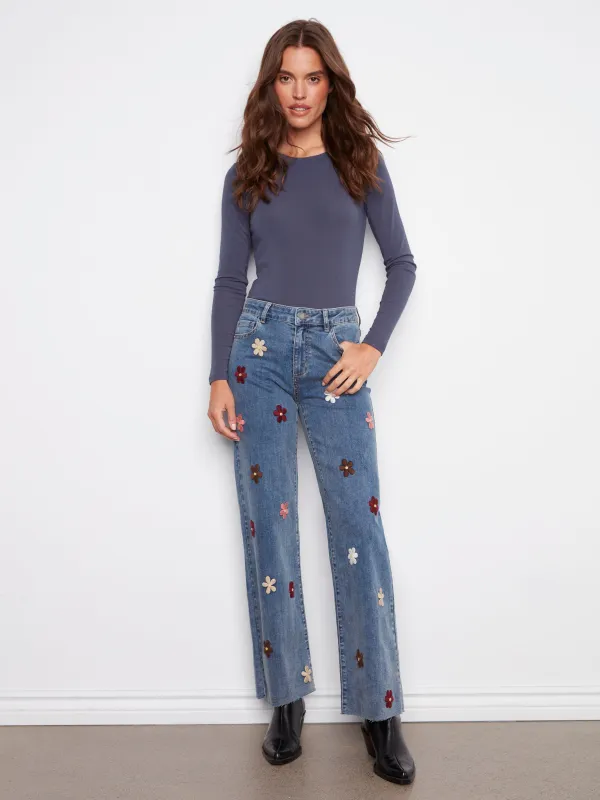 Wide Leg Jeans With Flower Patches - Medium Blue sold by Charlie B