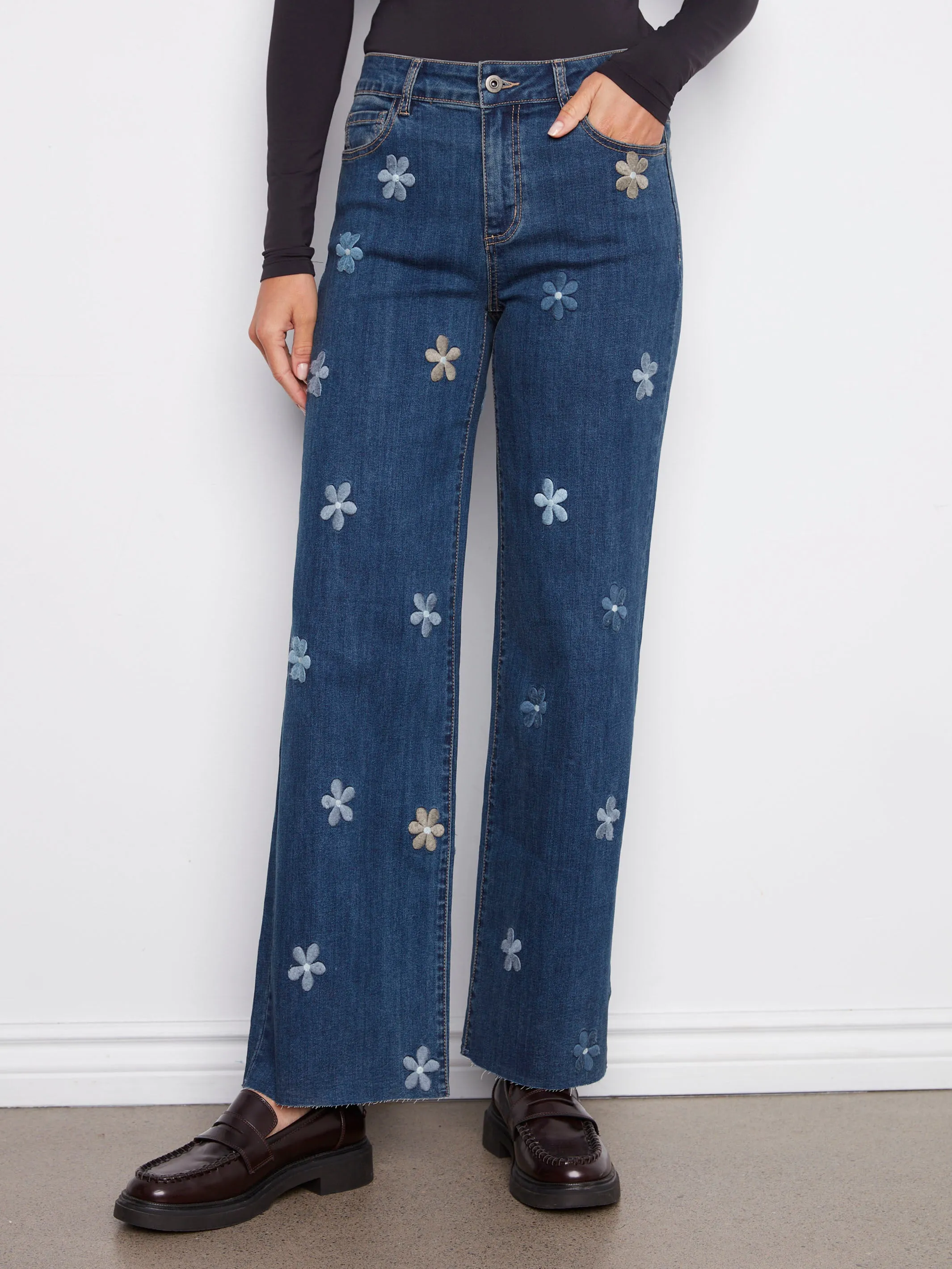 Wide Leg Jeans With Flower Patches - Indigo sold by Charlie B product image thumbnail 2