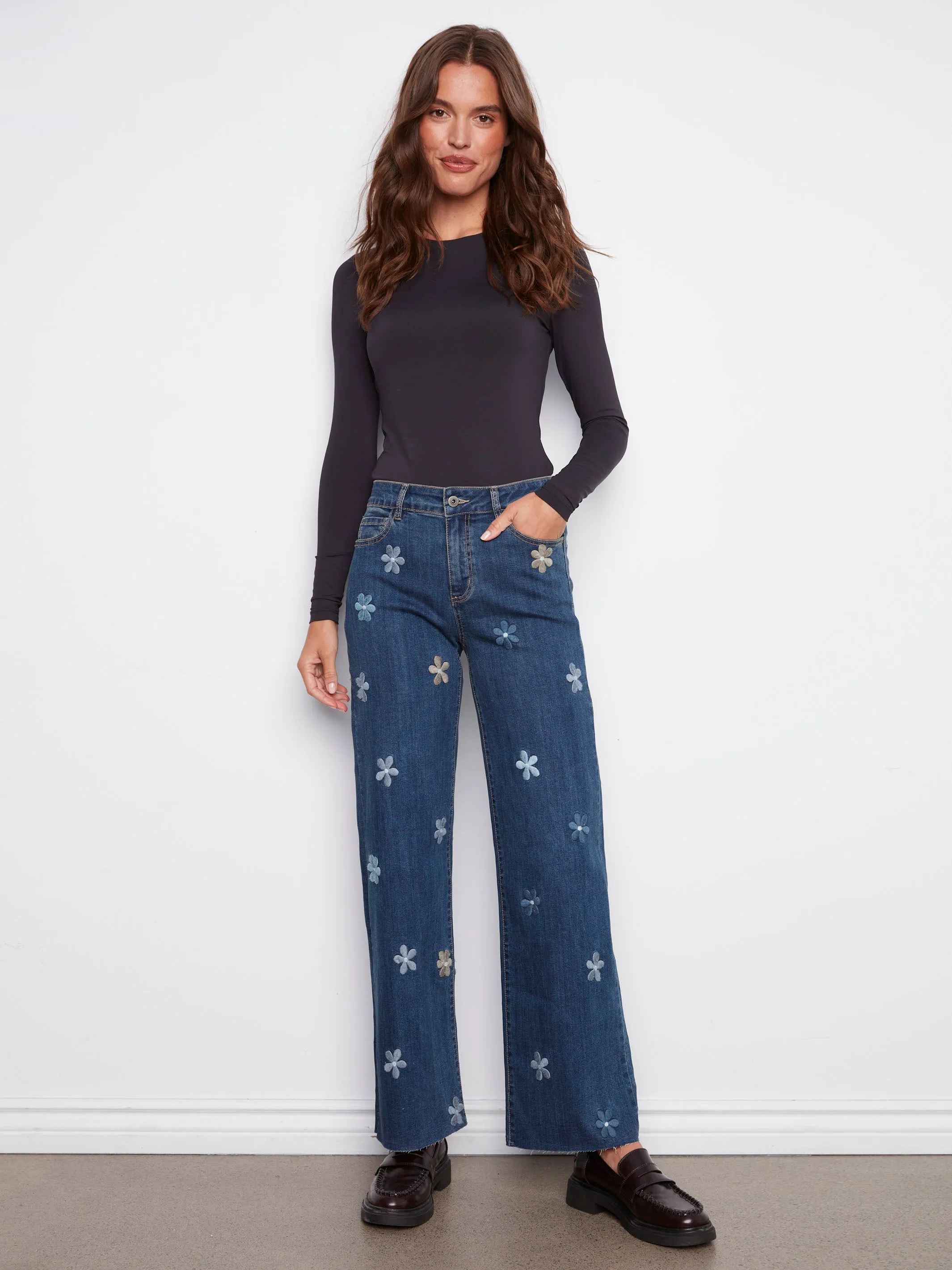 Wide Leg Jeans With Flower Patches - Indigo sold by Charlie B
