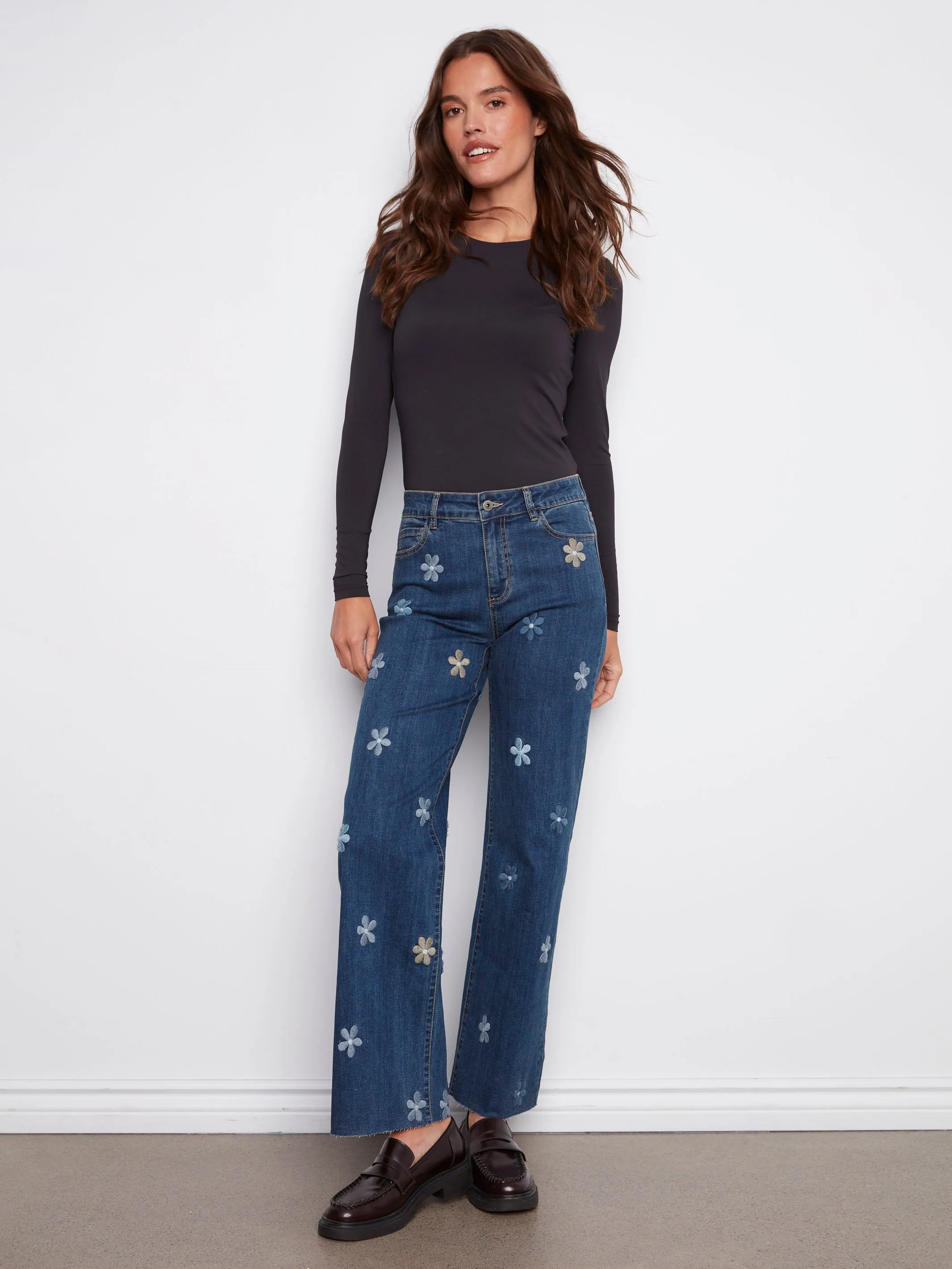 Wide Leg Jeans With Flower Patches - Indigo sold by Charlie B product image thumbnail 5