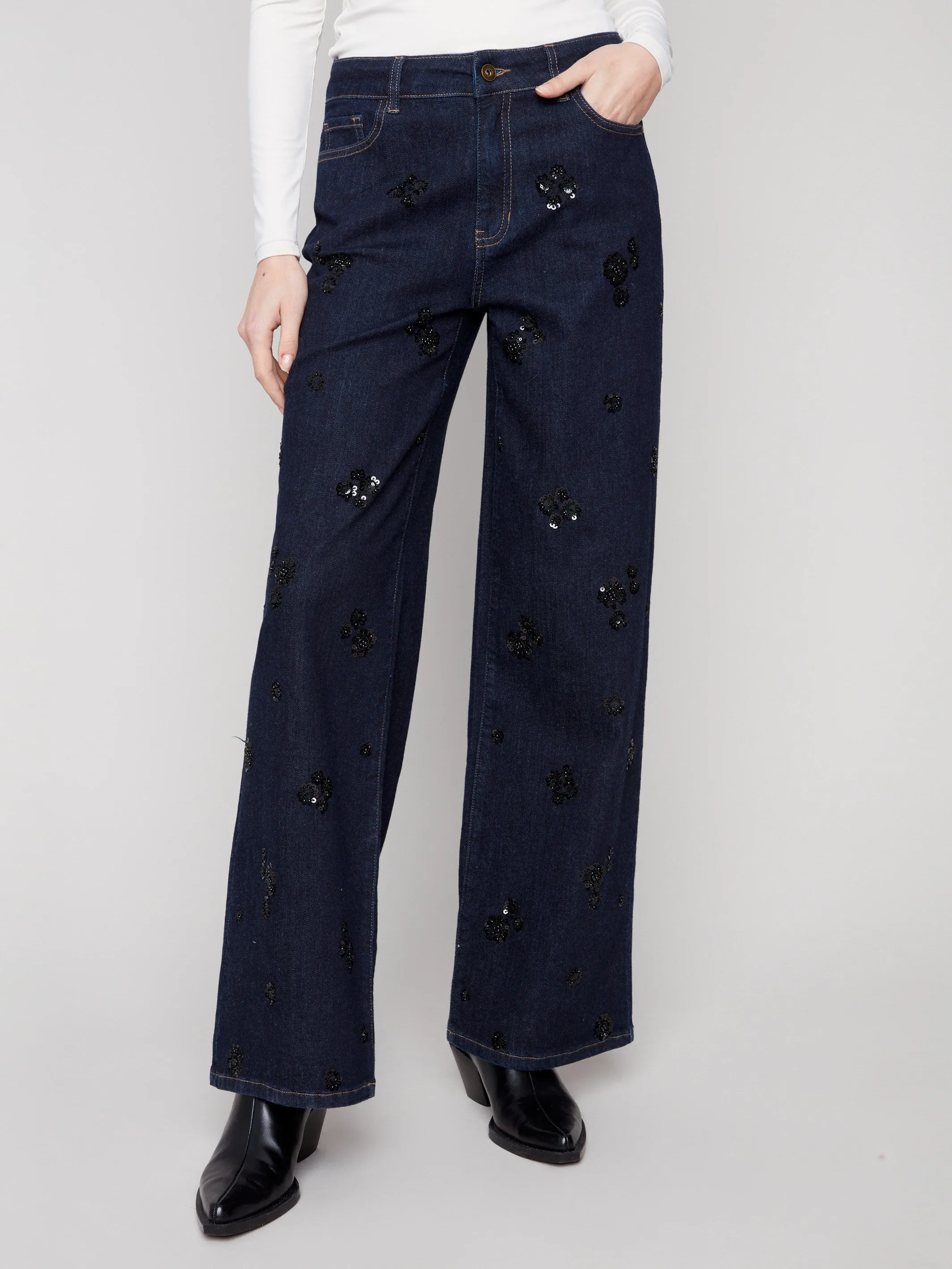Wide Leg Sequin Embroidered Jeans - Deep Blue sold by Charlie B product image thumbnail 2