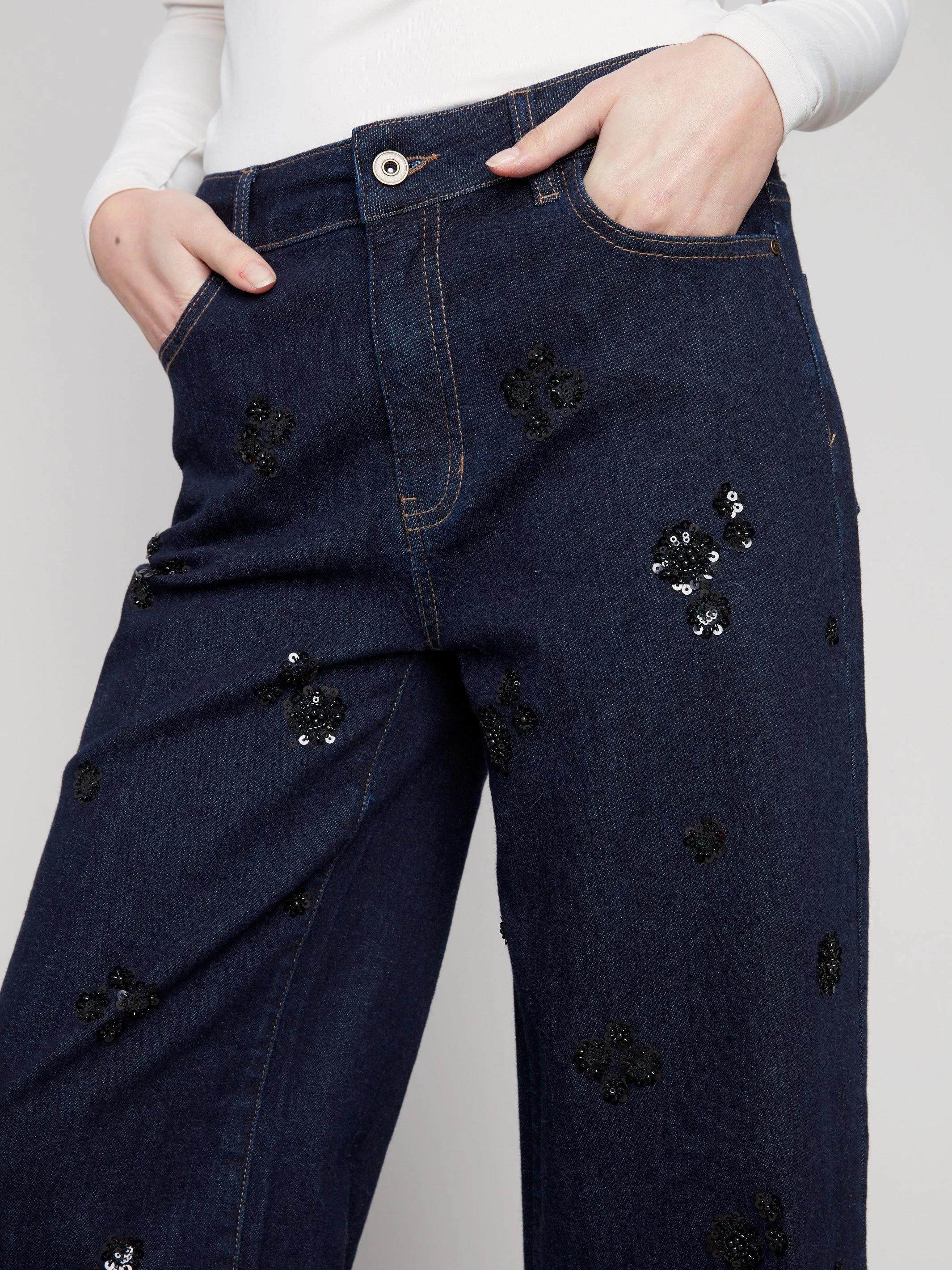 Wide Leg Sequin Embroidered Jeans - Deep Blue sold by Charlie B product image thumbnail 3