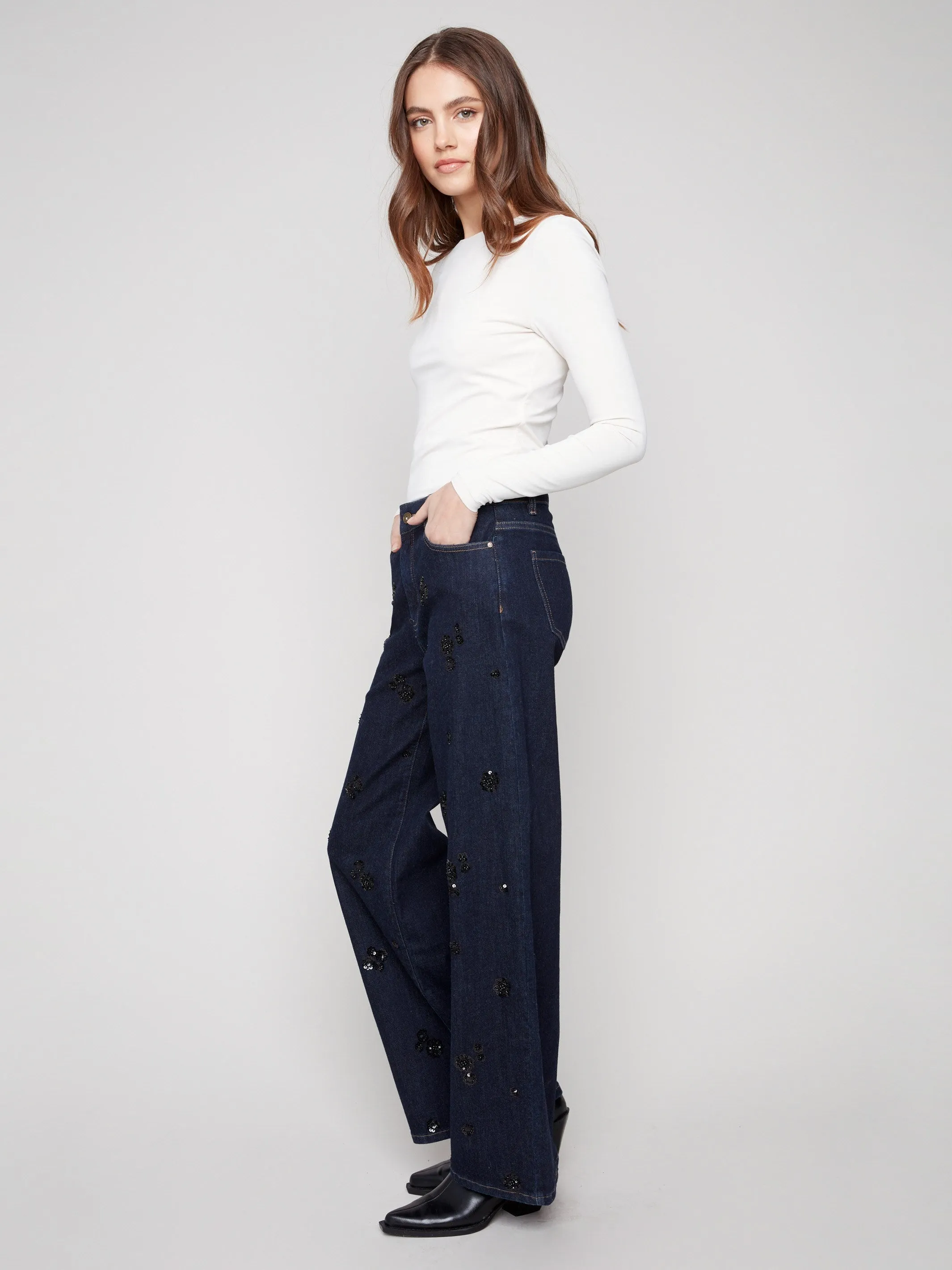Wide Leg Sequin Embroidered Jeans - Deep Blue sold by Charlie B product image thumbnail 4