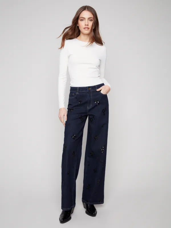 Wide Leg Sequin Embroidered Jeans - Deep Blue sold by Charlie B