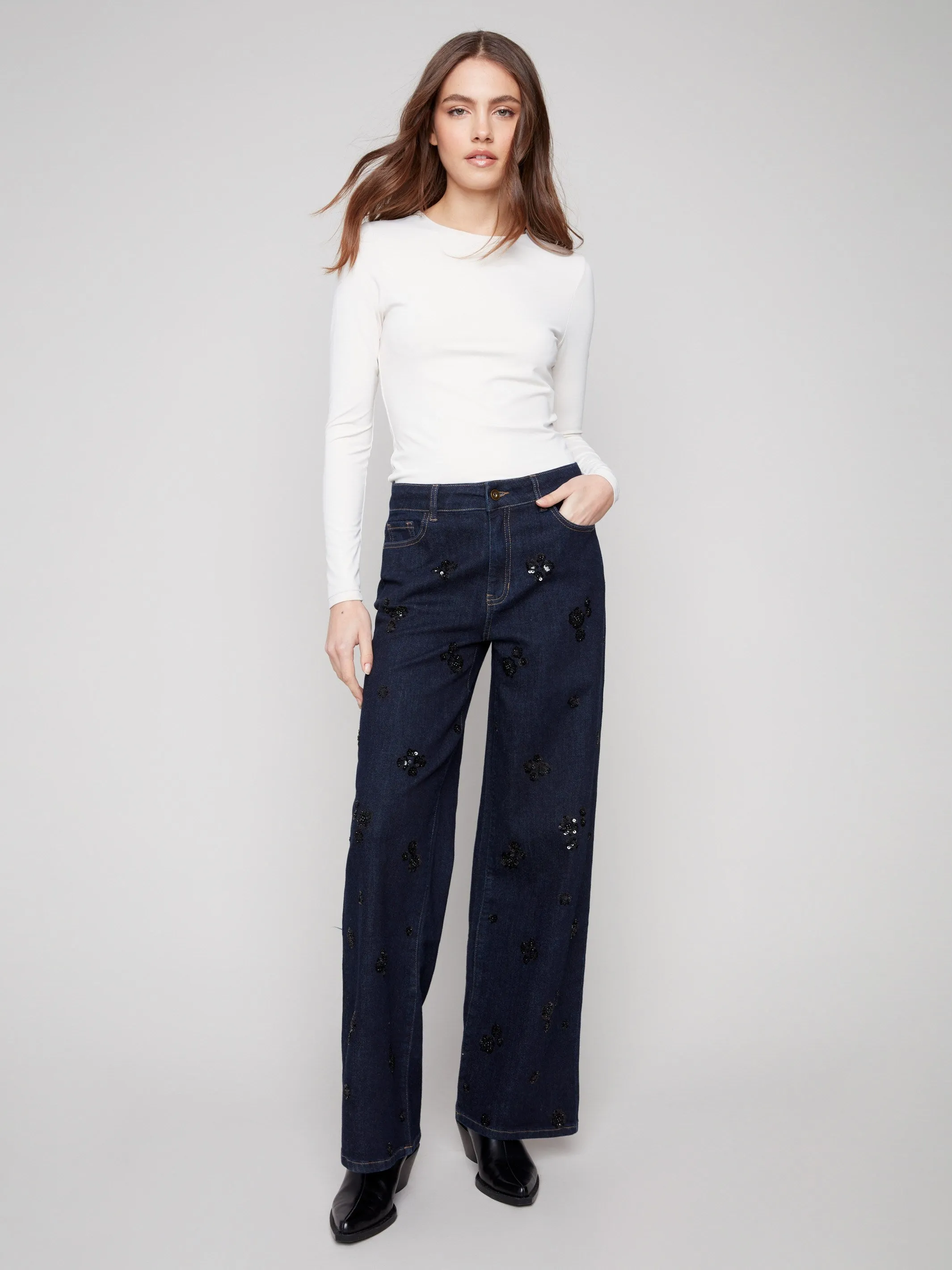 Wide Leg Sequin Embroidered Jeans - Deep Blue sold by Charlie B